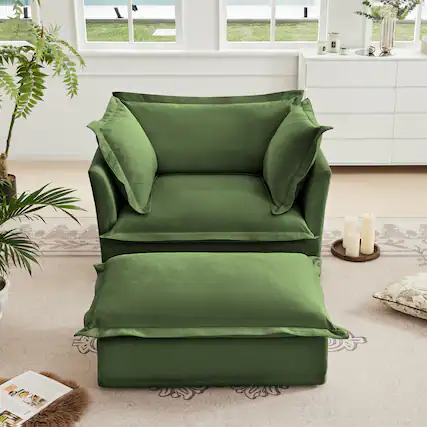 Front. Anysun - Chenille Armchair with Ottoman - Deep Seat, Wide Ottoman, Includes 2 Large Pillows for Living Room - Green.
