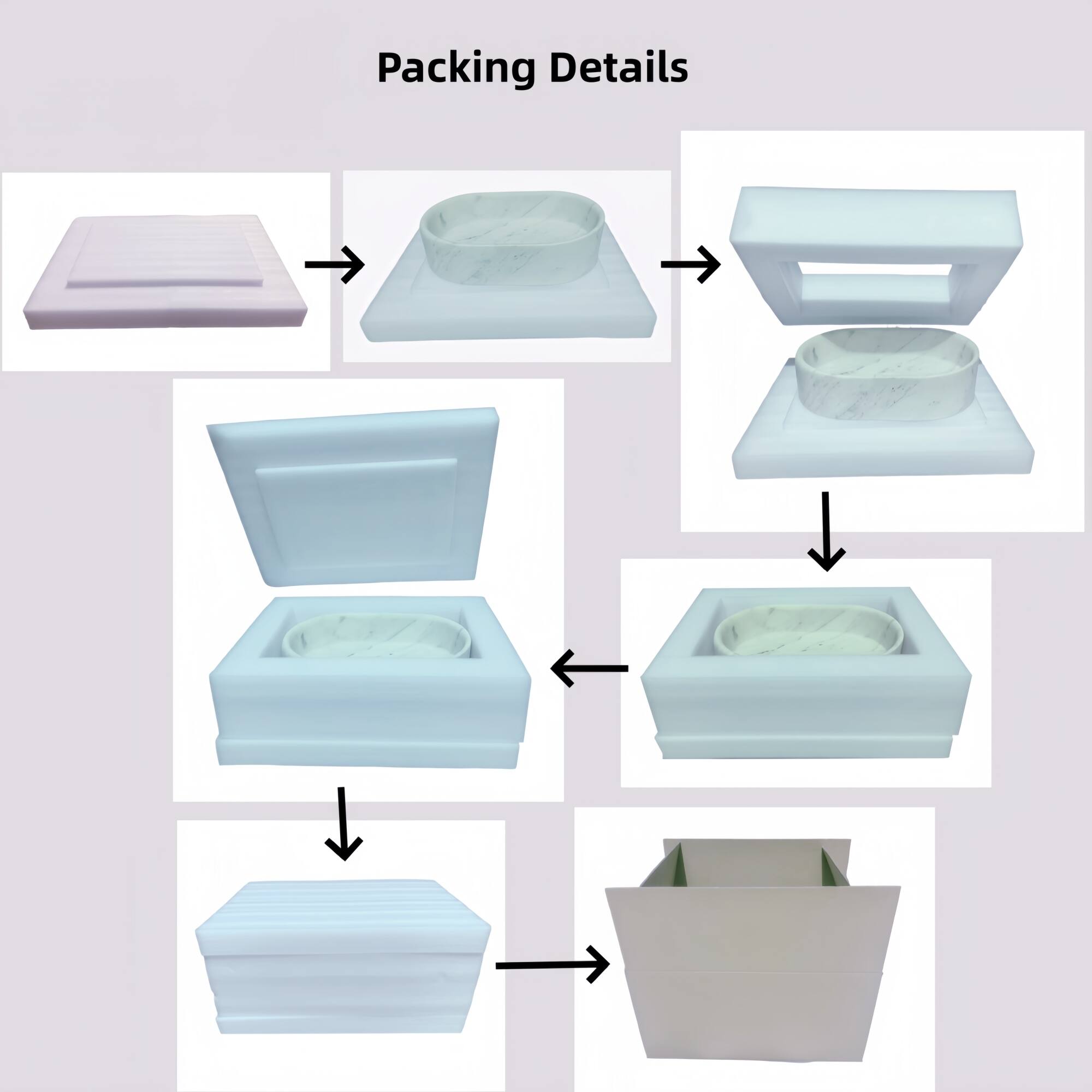 Packing Details

1. Start with a flat, rectangular base.
2. Place a circular tray on top of the base.
3. Assemble the sides around the tray to form a box.
4. Add a smaller tray inside the box.
5. Close the box with a lid.
6. Place the box inside a larger, rectangular container.
7. Close the larger container with a lid.