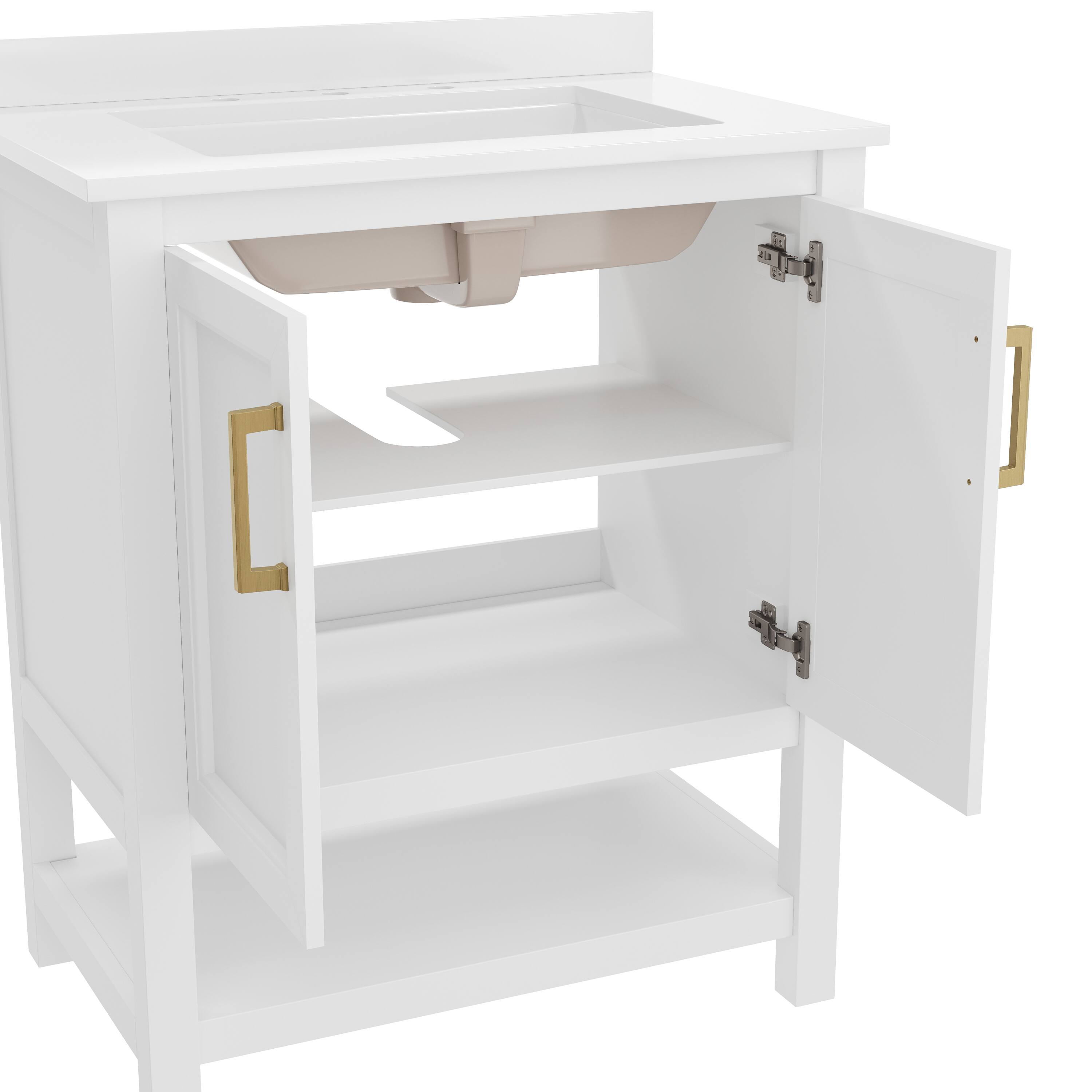 Alt View 8. Emma + Oliver - Vesta Bathroom Vanity, Single Sink Cabinet with 2 Soft Close Doors and Open Shelf, Carrara Marble Finish Countertop - White Frame/Gold Hardware.