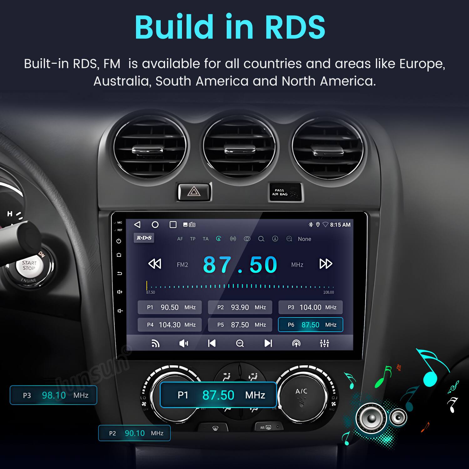 Build in RDS

Built-in RDS, FM is available for all countries and areas like Europe, Australia, South America and North America.