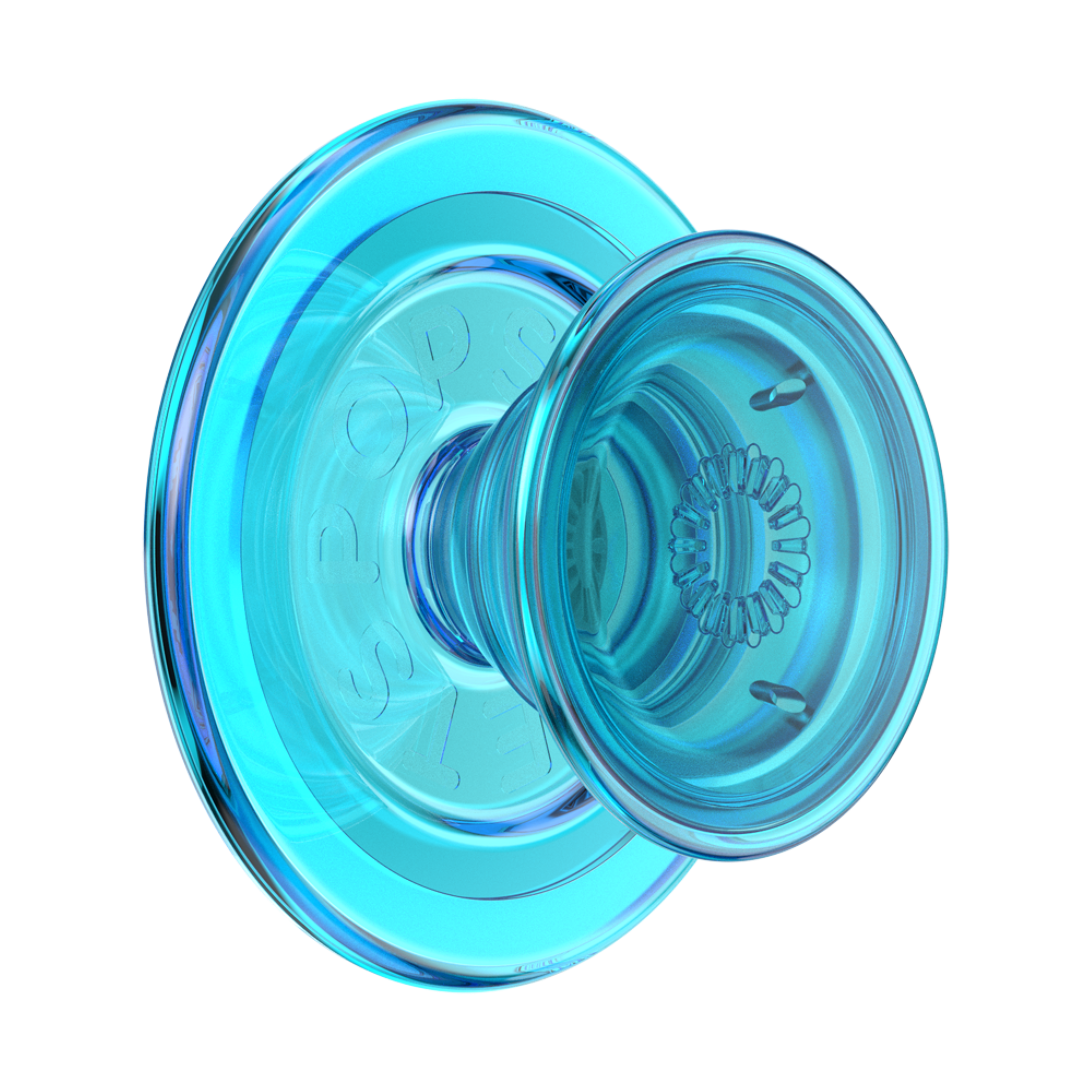 Angle. PopSockets - MagSafe PopGrip Universal Magnetic Grip & Stand with Adapter Ring for Cell Phones - Electric Blue Translucent.