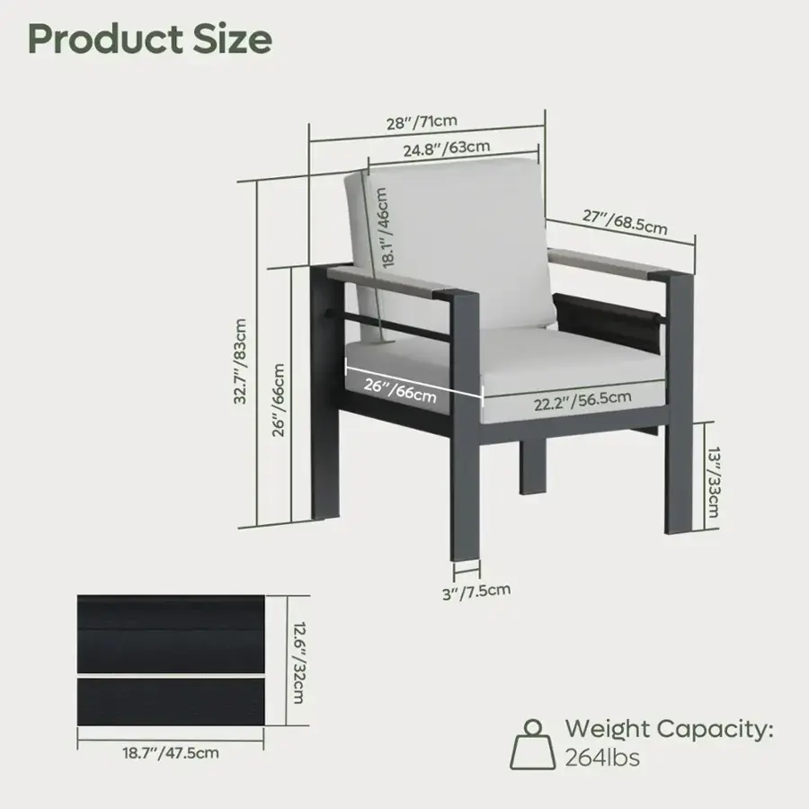 Product Size:
- 32.7" / 83cm
- 26" / 66cm
- 28" / 71cm
- 24.8" / 63cm
- 24.8" / 63cm
- 18.1" / 46cm
- 27" / 68.5cm
- 18.7" / 47.5cm
- 3" / 7.5cm

Weight Capacity: 264lbs