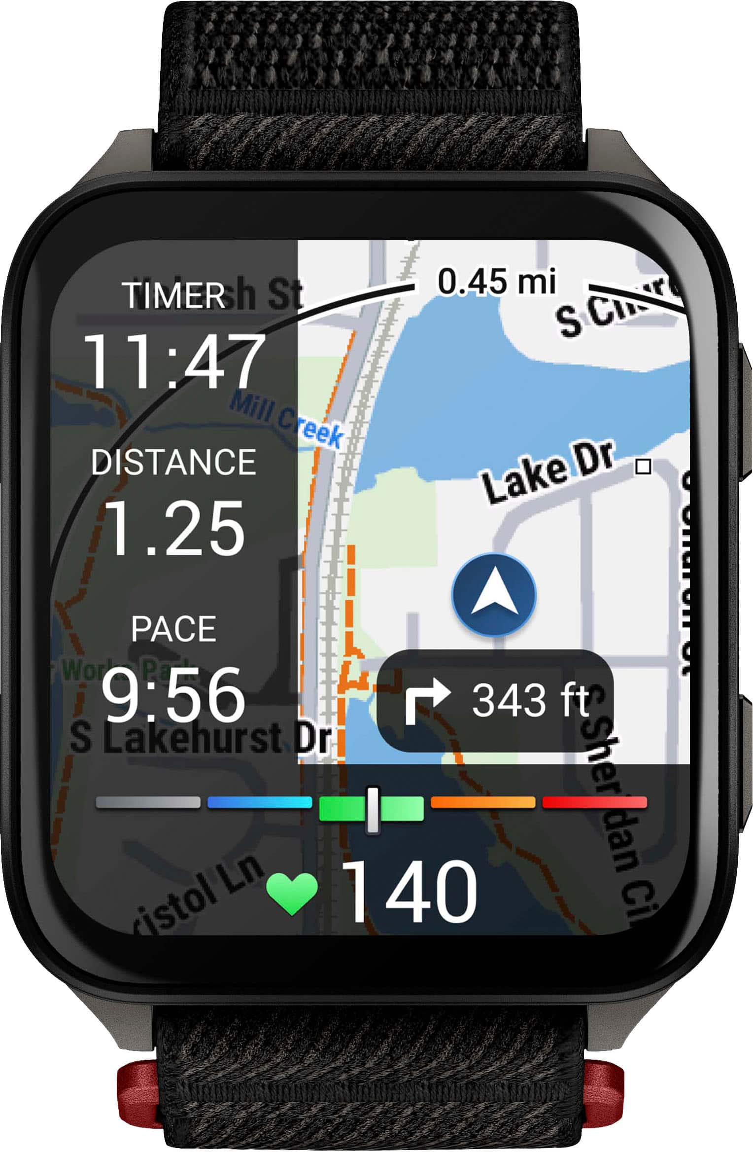 The image shows a watch displaying a map and timer. The timer reads 11:47 and the map shows a distance of 1.25 miles. The watch is also displaying a pace of 9:56 and a total elevation gain of 343 feet. The map is centered around Lake Drive, and the watch is showing the time and distance for a run.