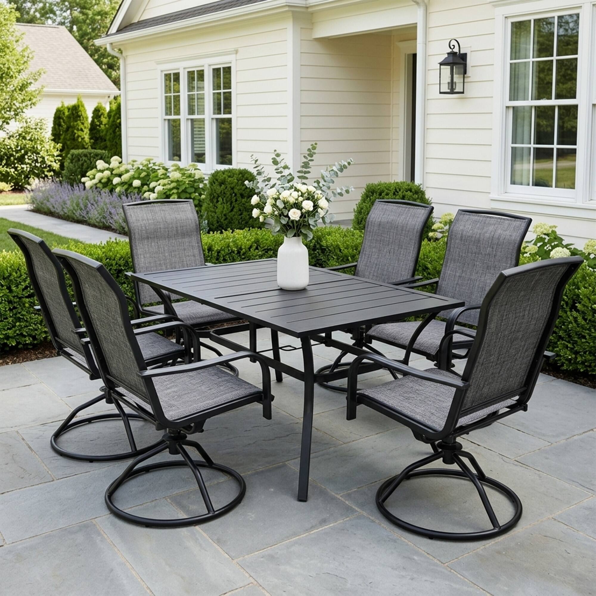 Alt View 3. Yardgrace - 7 Pieces Outdoor Patio Dining Set,with 6-Piece  Swivel Patio Rocking Chairs,1 dining table with an umbrella hole - Grey.