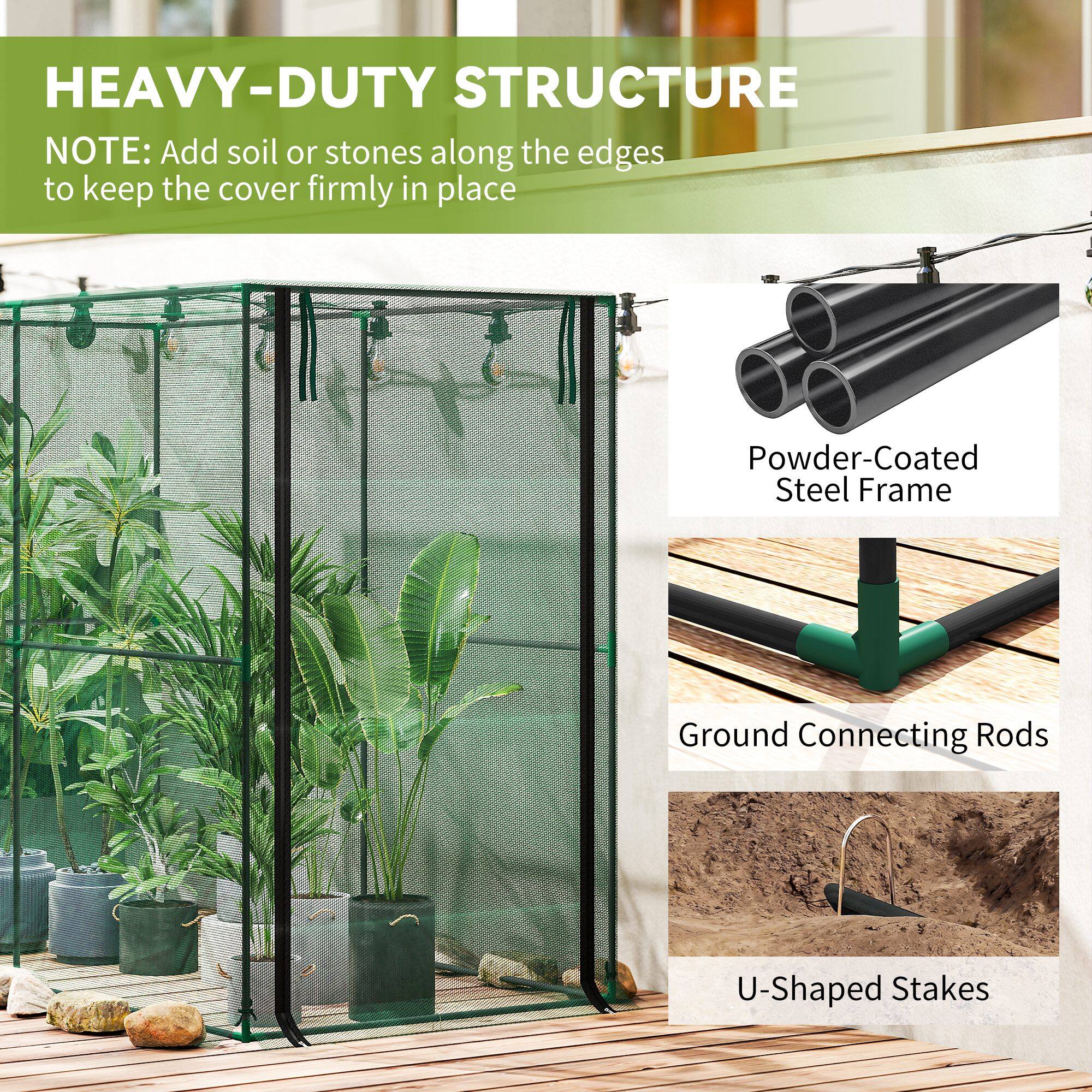 HEAVY-DUTY STRUCTURE  
NOTE: Add soil or stones along the edges to keep the cover firmly in place  

- Powder-Coated Steel Frame  
- Ground Connecting Rods  
- U-Shaped Stakes
