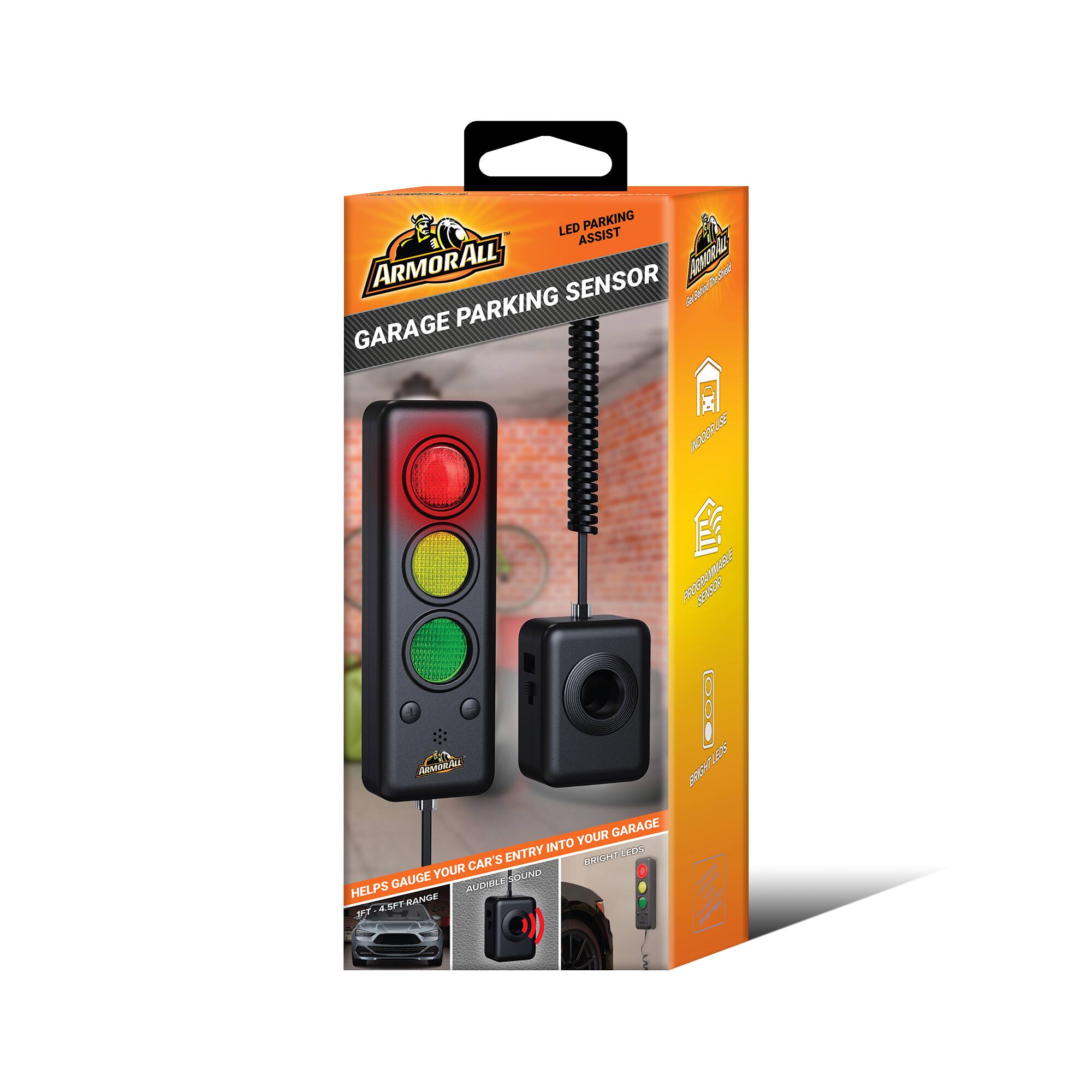LED PARKING ASSIST ARMORALL GARAGE PARKING SENSOR

PROGRAMMABLE SENSOR

HELP GAUGE YOUR CAR'S ENTRY INTO YOUR GARAGE

1 FT - 4.5 FT RANGE

AUDIBLE SOUND

BRIGHT LEDS