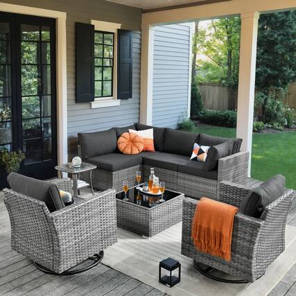 Front. Ovios - 8 PCS Patio Furniture Set Outdoor Sectional Sofa with Swivel Chairs & Coffee Table - Black.