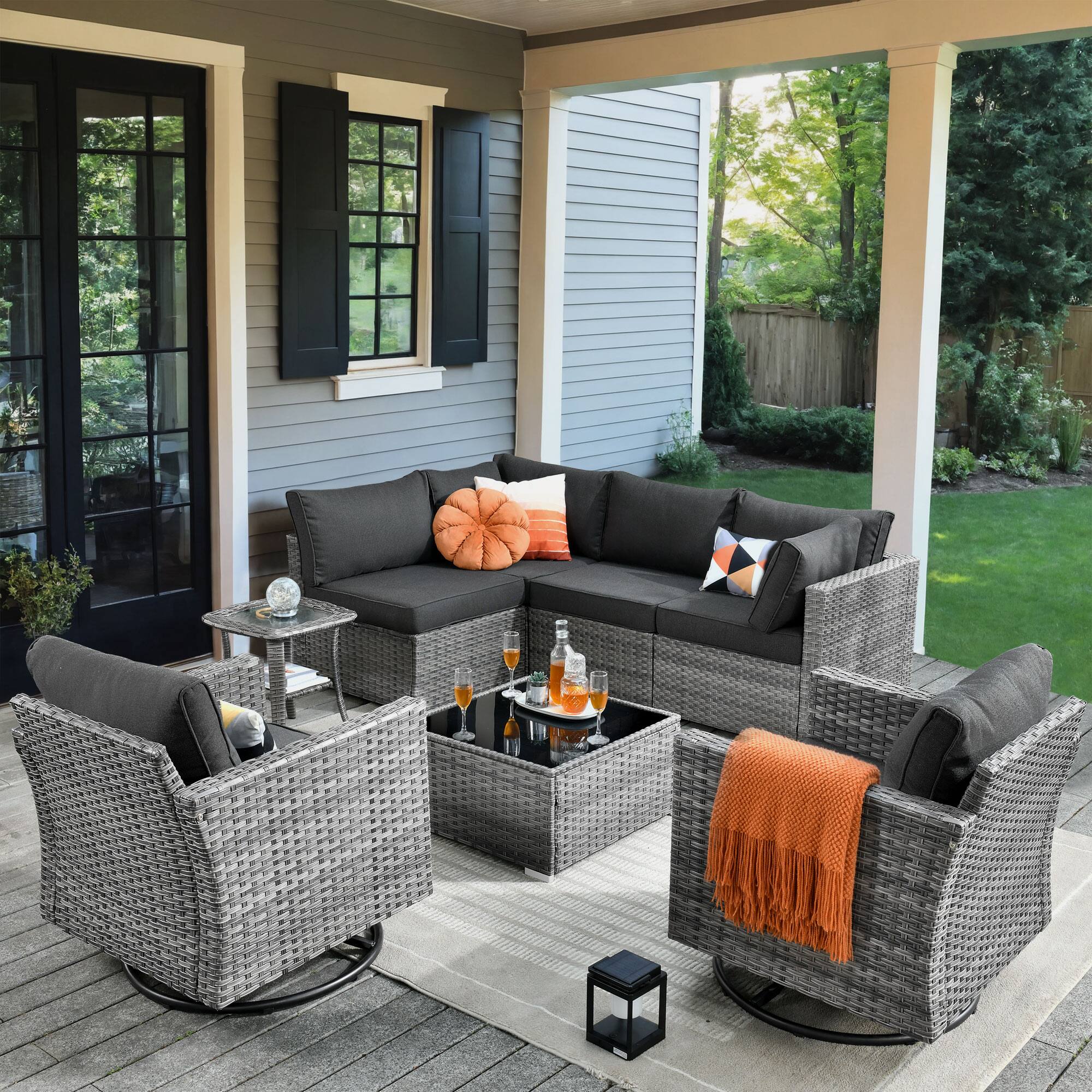 Front. Ovios - 8 PCS Patio Furniture Set Outdoor Sectional Sofa with Swivel Chairs & Coffee Table - Black.