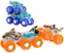 The image features a group of toy trucks, including a blue one and an orange one. The blue truck is positioned on top of the orange truck, creating a stack of toy vehicles. The toy trucks are likely designed for children to play with and enjoy.