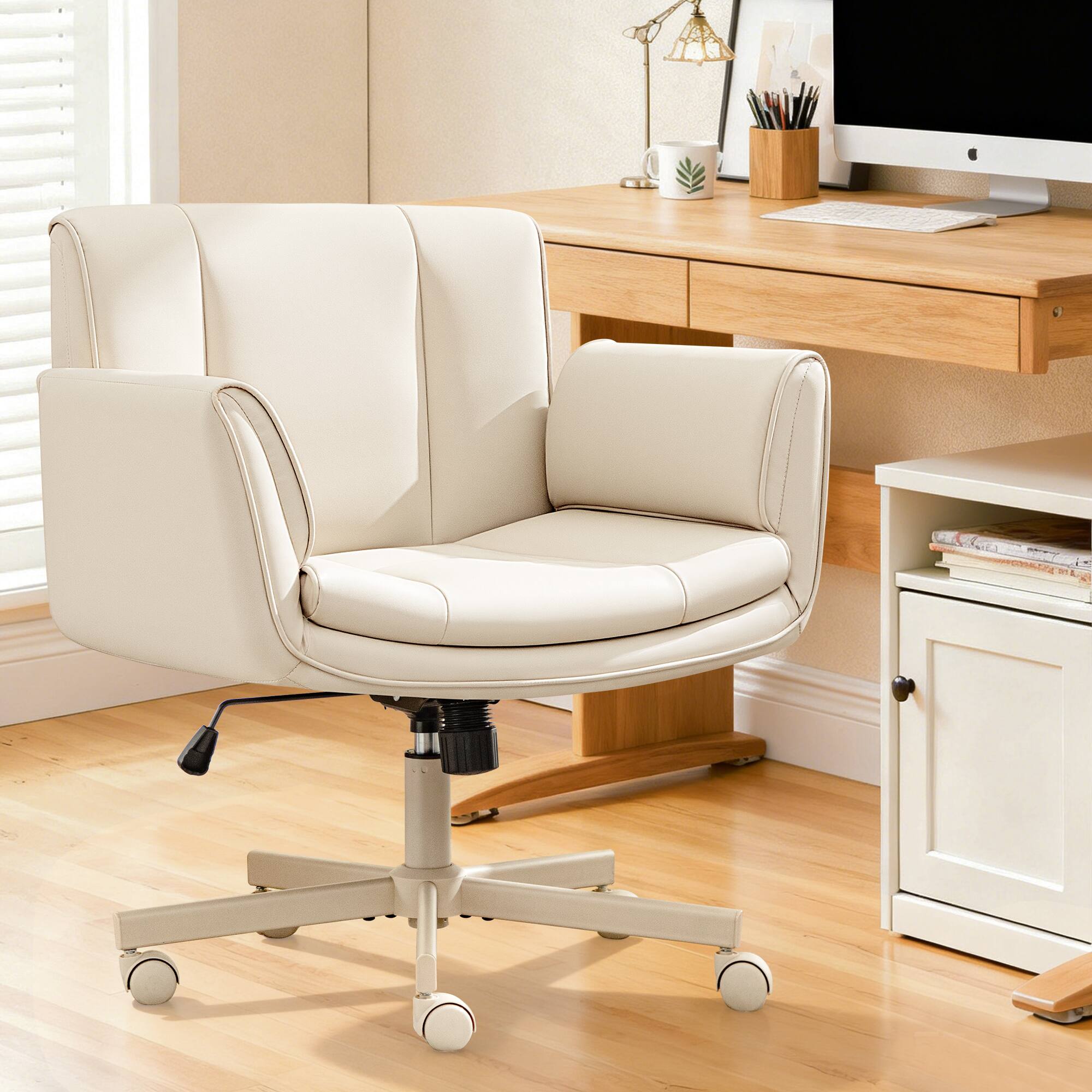 Alt View 6. KERDOM - 4 in 1 Cross-Legged Chair with Wheels & Expandable Arms, PU Leather Wide Seat Vanity Chair, Home Office Computer Chair - Beige.