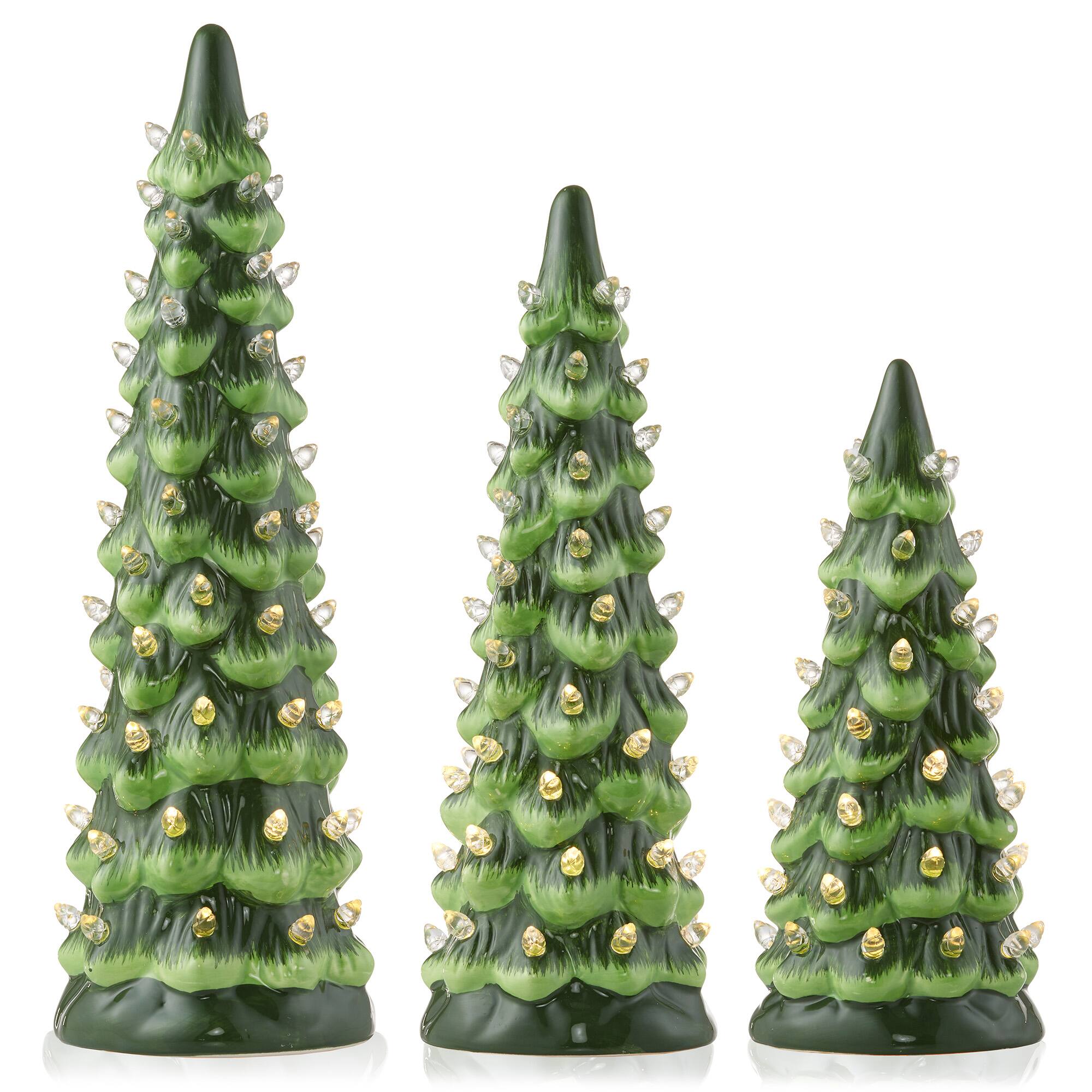 Alt View 2. Casafield - 3PC Set 8/10/12" Pre-Lit Ceramic Christmas Trees with Lights - Green w/ White.