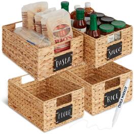 Best Choice Products - Set of 4 12in Woven Water Hyacinth Pantry Baskets w/ Chalkboard Label, Chalk Marker - Natural