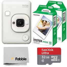 Fujifilm - INSTAX Mini LiPlay Bundle : 20 Sheets Film, 32GB microSD, USB Cable, Strap & Cloth - Misty White