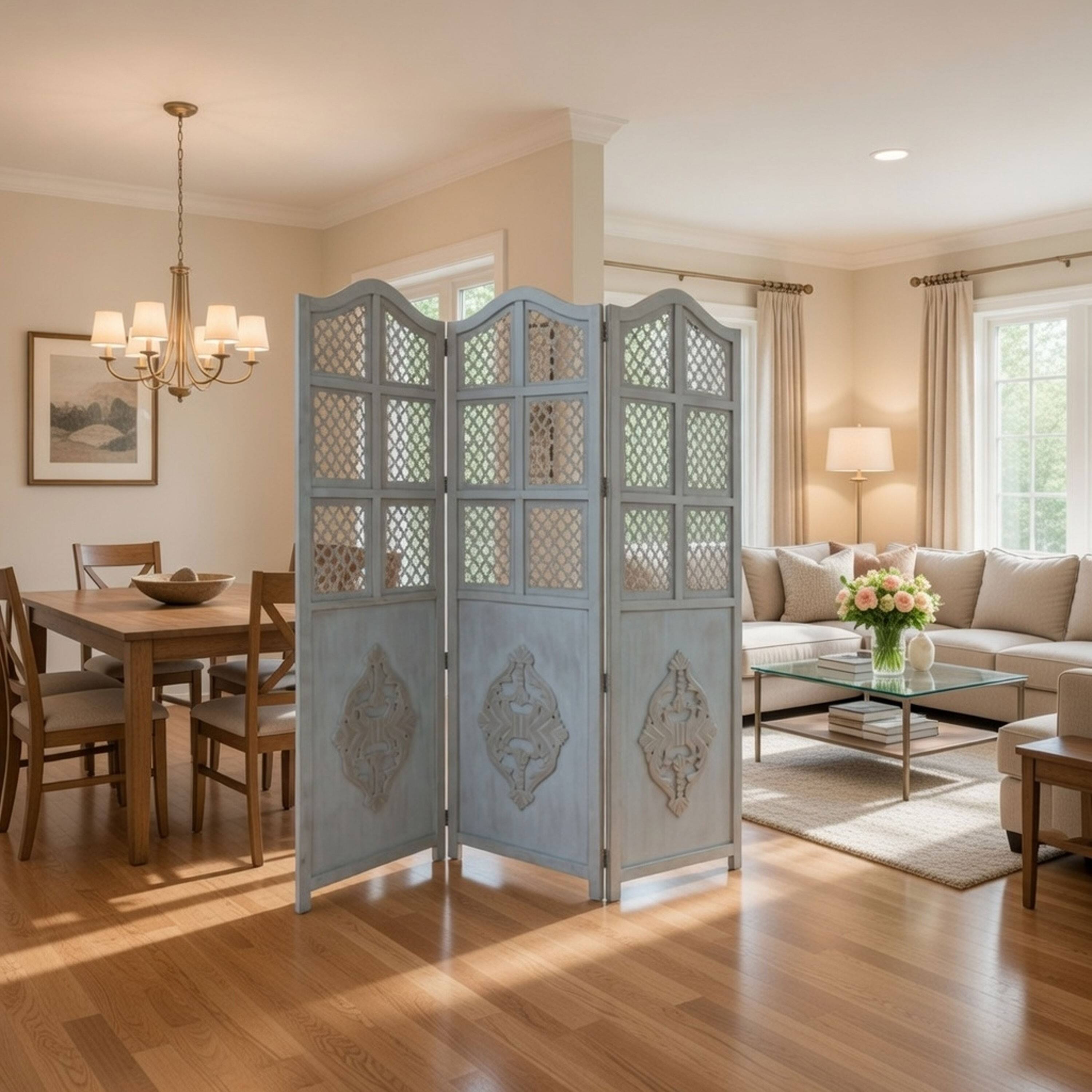 Alt View 6. Manhattan Lane - Three Panel Wooden Room Divider with Traditional Carvings and Cutouts - Blue.