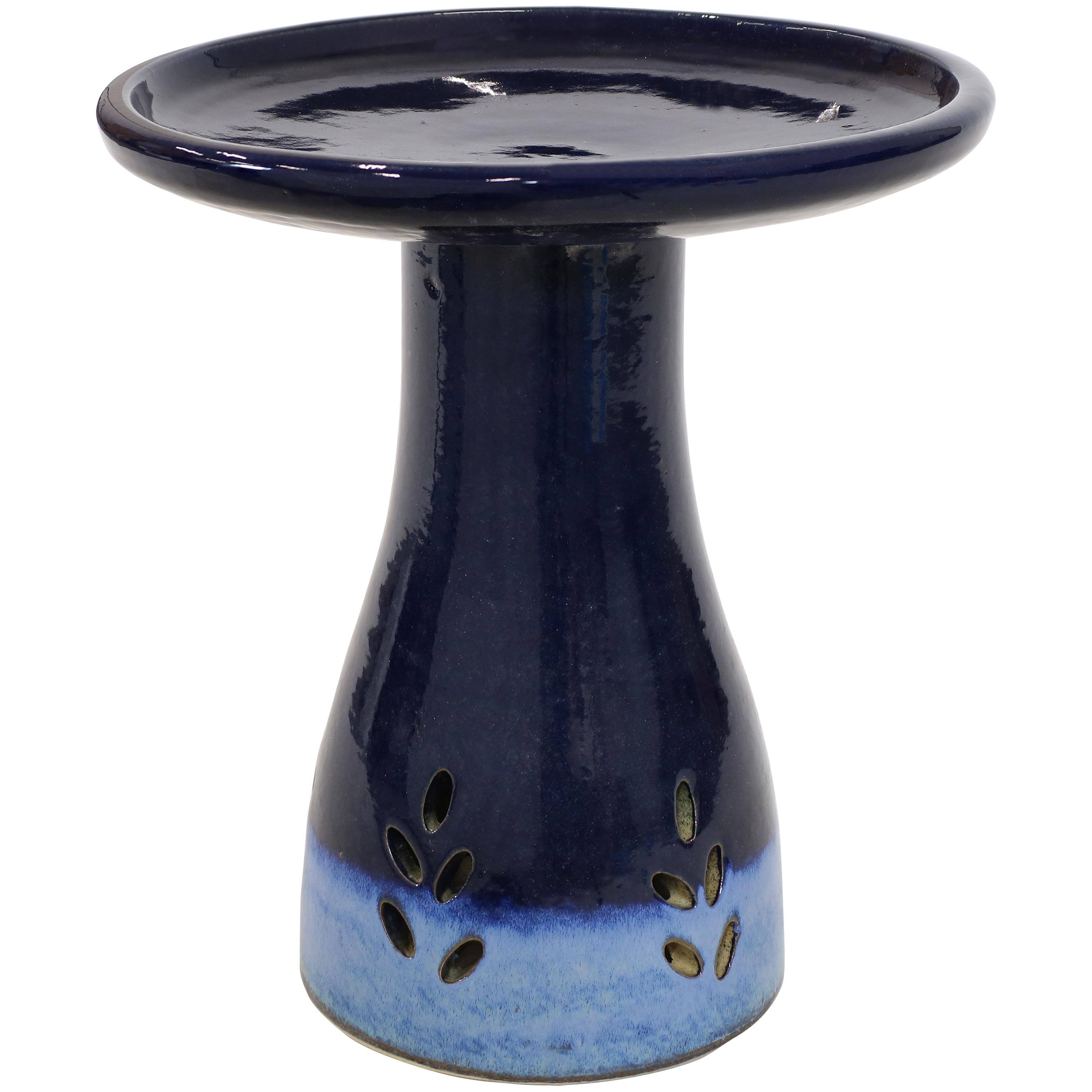 Front. Sunnydaze - Classic Duo-Tone Cut-Out Ceramic Bird Bath - 20.5 in - Dark Blue.