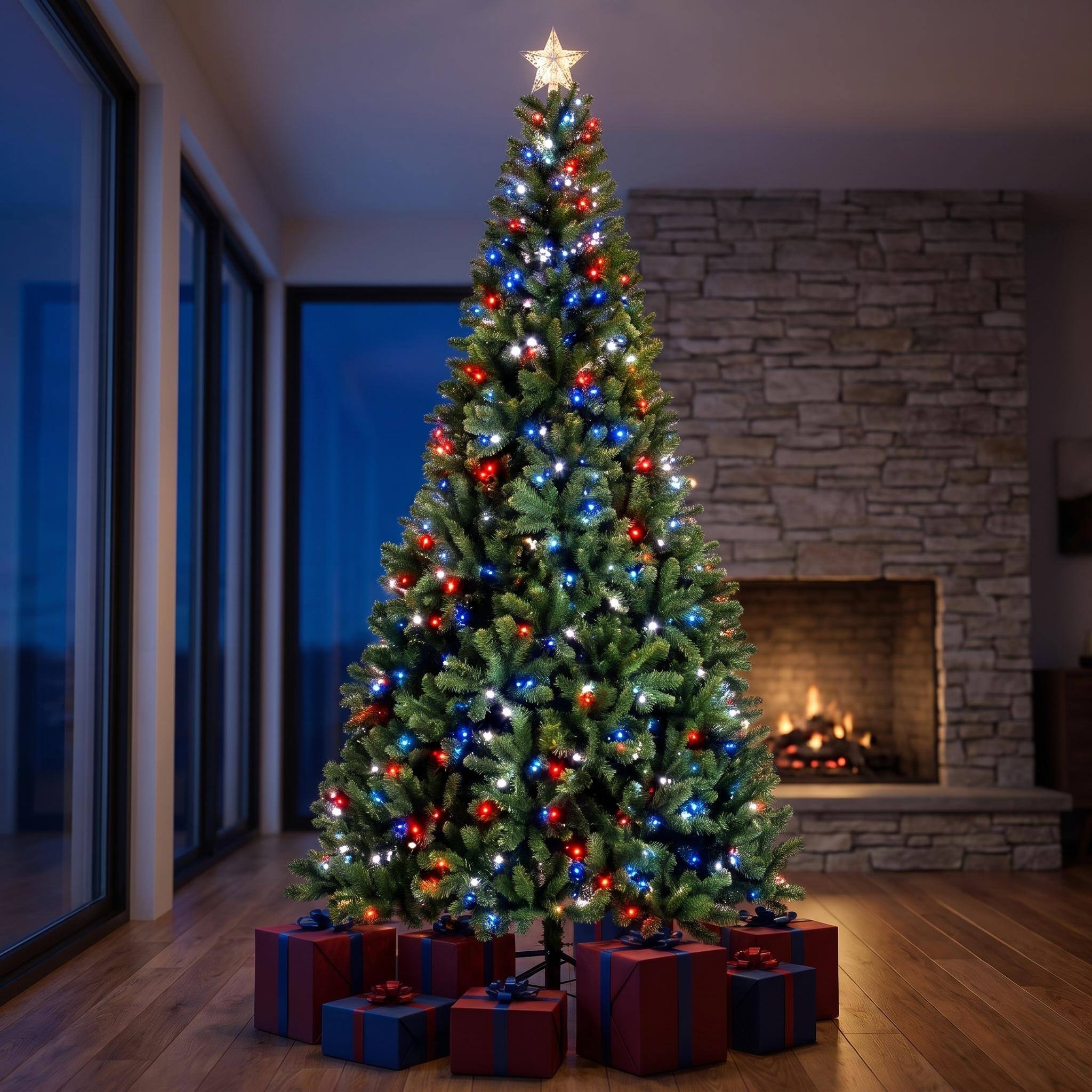 Angle. Forest'nSky - 9 ft. Pre-Lit Artificial Christmas Tree with RGB Dynamic LED Lights, Remote Control and Built-in Timer - Green.