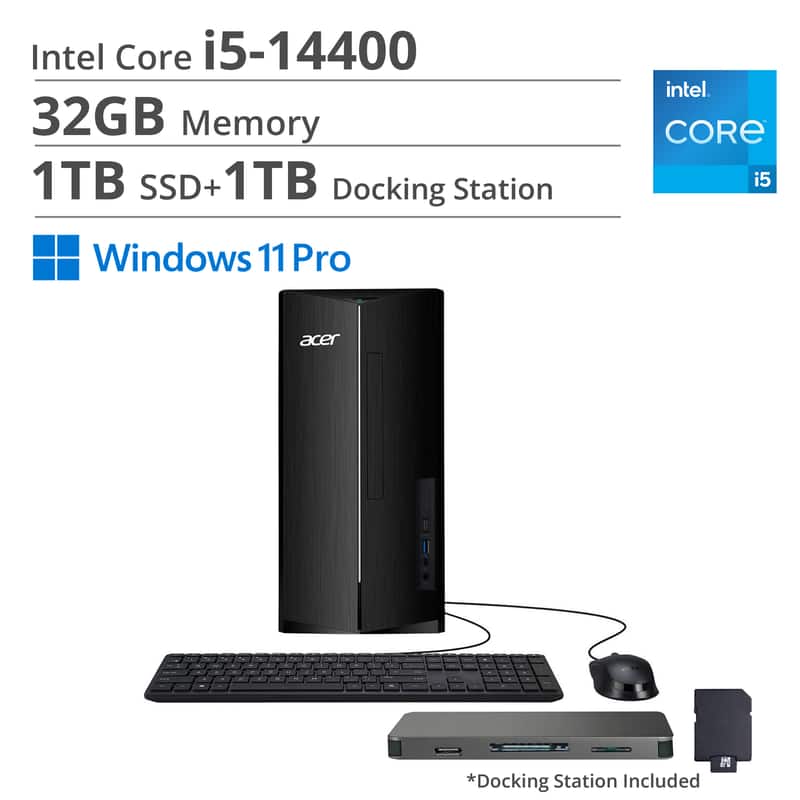Acer - Aspire Desktop,Intel Core i5-14400,32GB RAM,1TB SSD+1TB Dock Set,Intel 730 UHD Graphics,Wi-Fi 6E,Win 11 Pro - Black