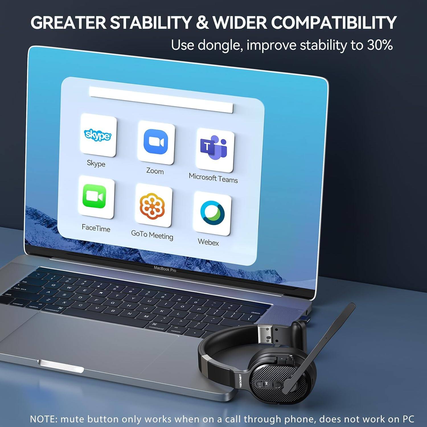 GREATER STABILITY & WIDER COMPATIBILITY  
Use dongle, improve stability to 30%  

Skype  
Zoom  
Microsoft Teams  
FaceTime  
GoTo Meeting  
Webex  

NOTE: mute button only works when on a call through phone, does not work on PC
