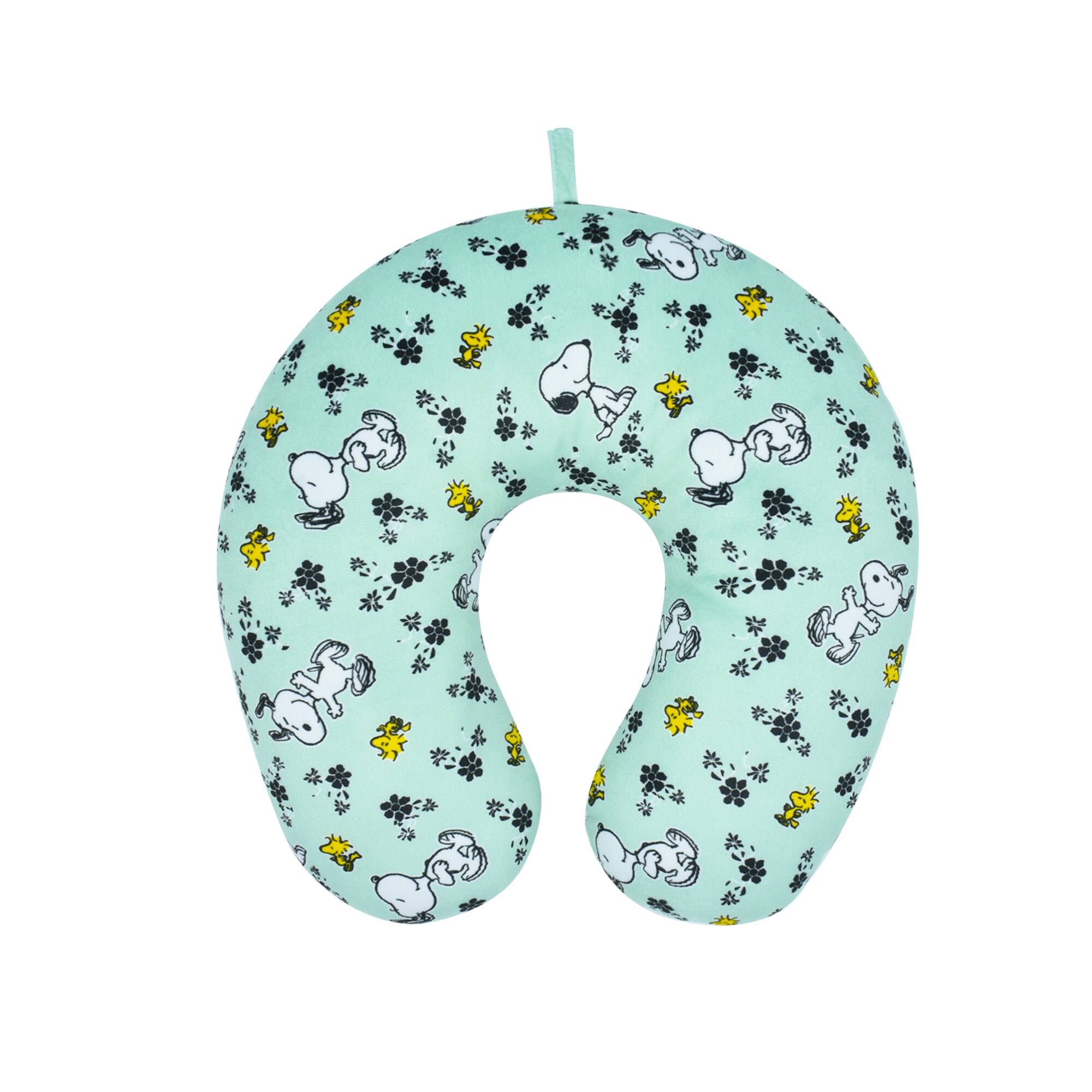 Front. Peanuts - Flowers Portable Travel Neck Pillow - Mint.