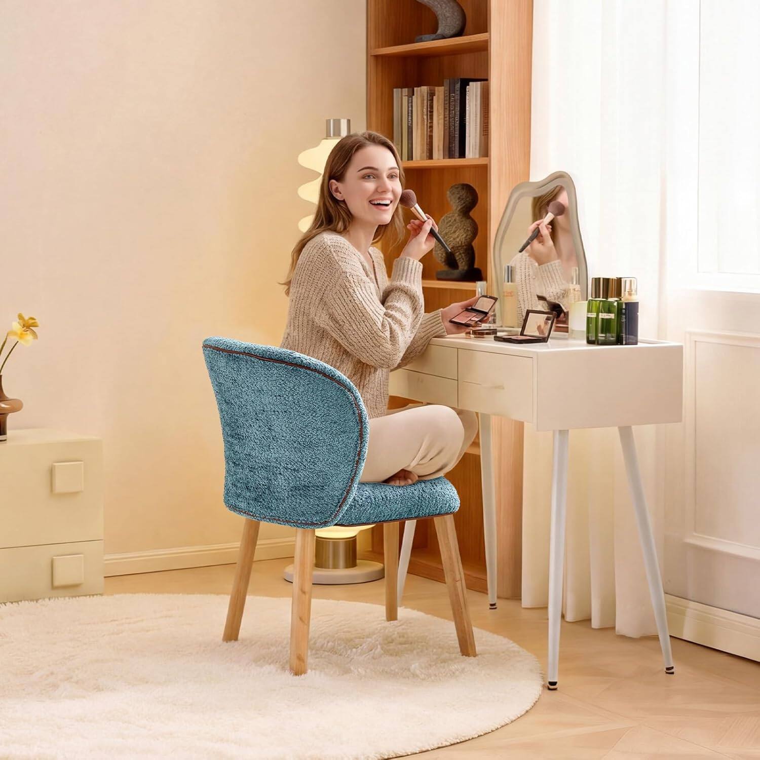 Alt View 6. Winado - Chenille Velvet Curved-Back Armless Vanity Fluffy Makeup Chair Solid Wood Legs for Study Bedroom Dressing for Girls - Blue.