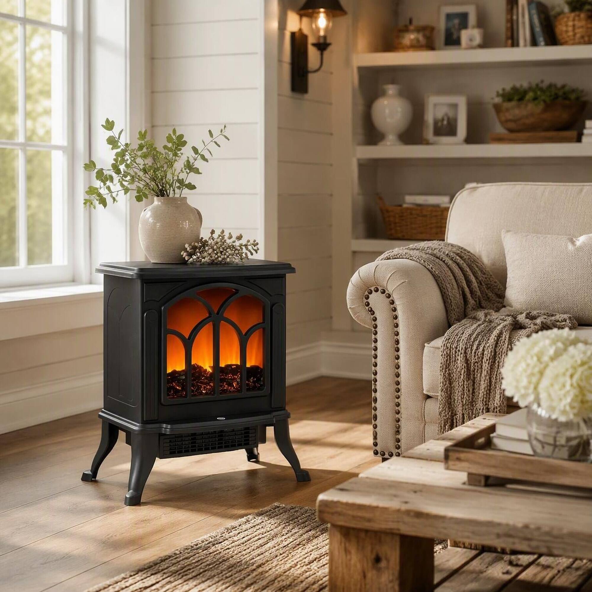 Angle. RYHNUYNE - Portable Electric Fireplace Stove Heater with Realistic Flame, 750W/1500W Adjustable Heat, Tip-Over Overheat Protection - Black.