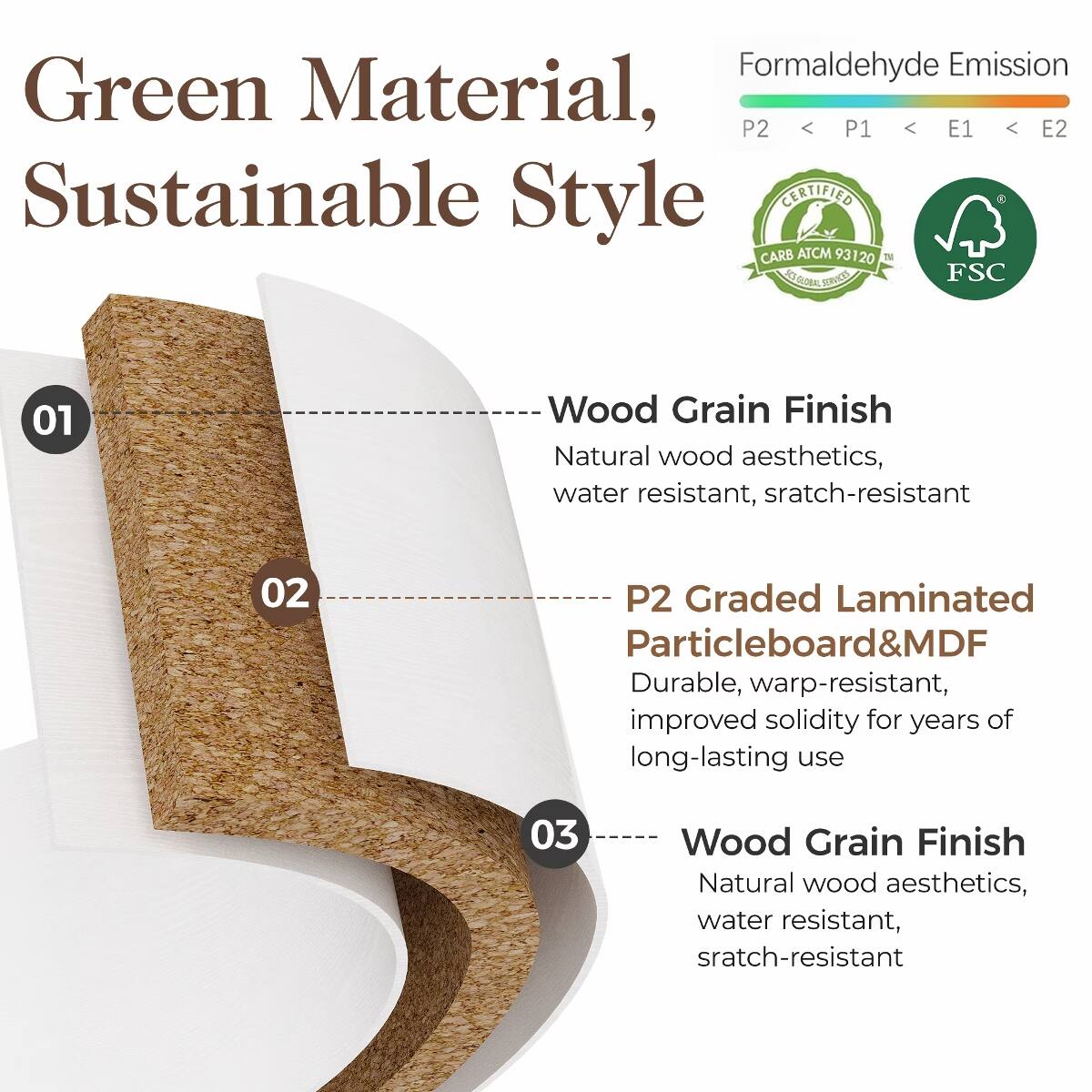 Green Material, Sustainable Style

Formaldehyde Emission
P2 < P1 < E1 < E2

01
Wood Grain Finish
Natural wood aesthetics, water resistant, scratch-resistant

02
P2 Graded Laminated Particleboard&MDF
Durable, warp-resistant, improved solidity for years of long-lasting use

03
Wood Grain Finish
Natural wood aesthetics, water resistant, scratch-resistant

CERTIFIED
CARB ATCM 93120
COR SERVICES
FSC