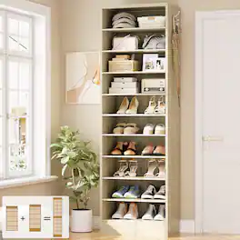 Aheaplus - 79.5'' Tall 10-Tier Freestanding Wooden Shoe Rack Tower with 2 Hooks - Beige Oak