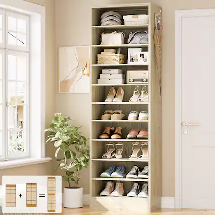 Front. Aheaplus - 79.5'' Tall 10-Tier Freestanding Wooden Shoe Rack Tower with 2 Hooks - Beige Oak.