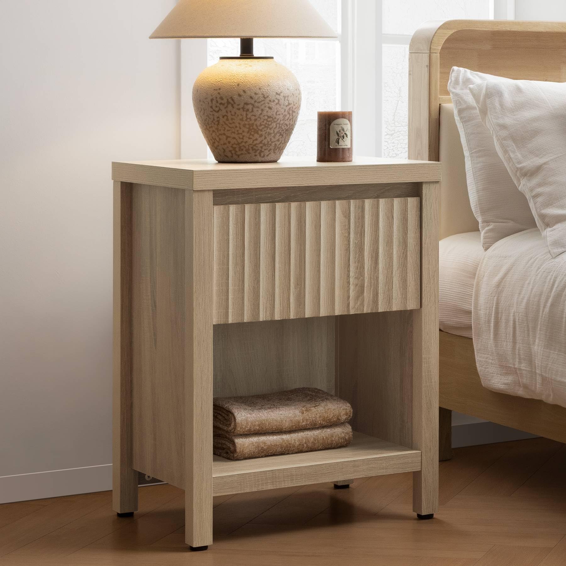 Front. OMOMMD - Fluted Wood Nightstand with Drawer & Open Shelf, 19.6" Wide Bedside Table - Reclaimed Light Oak 1 Piece.
