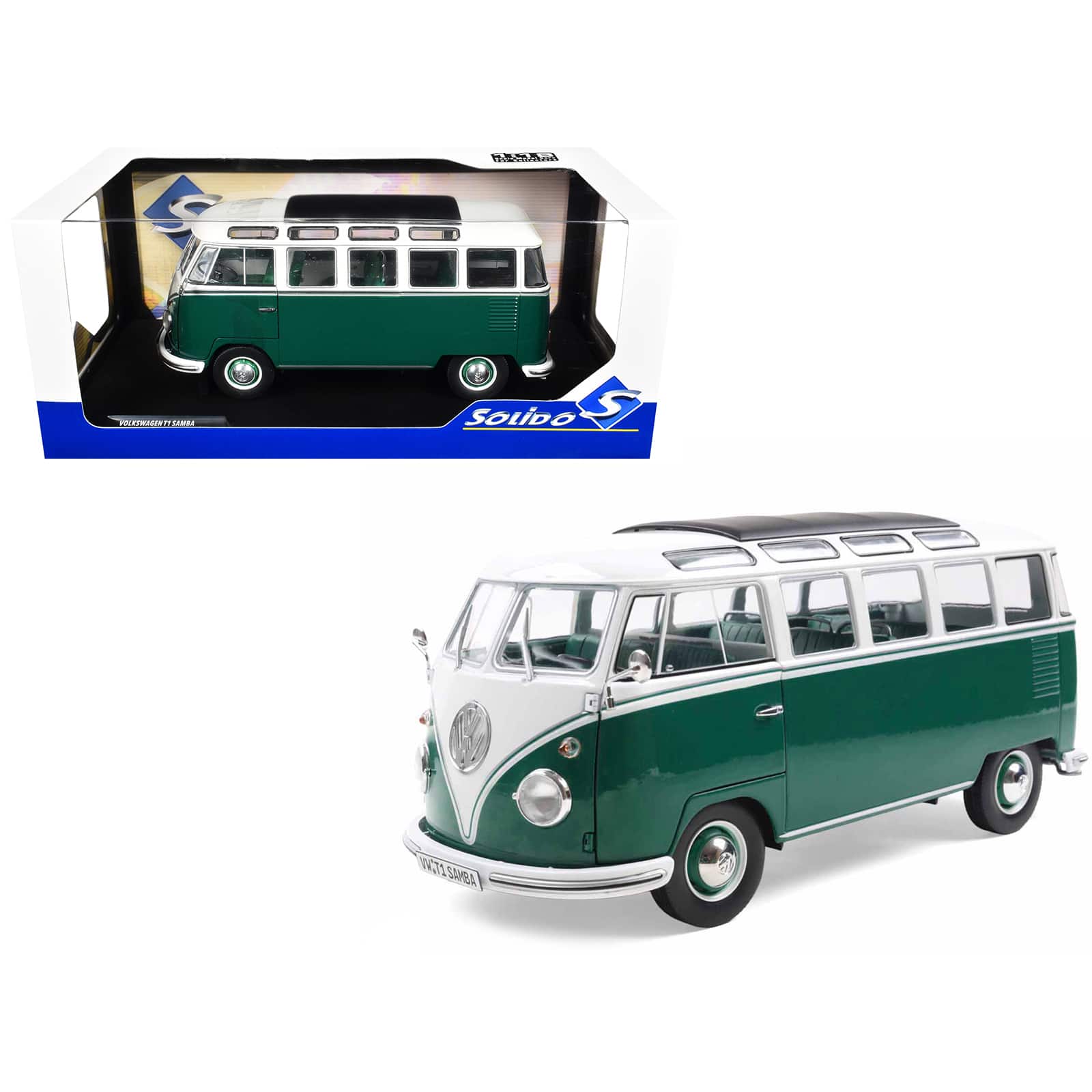 1962 Volkswagen T1 Samba Bus Green and White 1/18 Diecast Model Car by Solido price history on PriceWatchPro