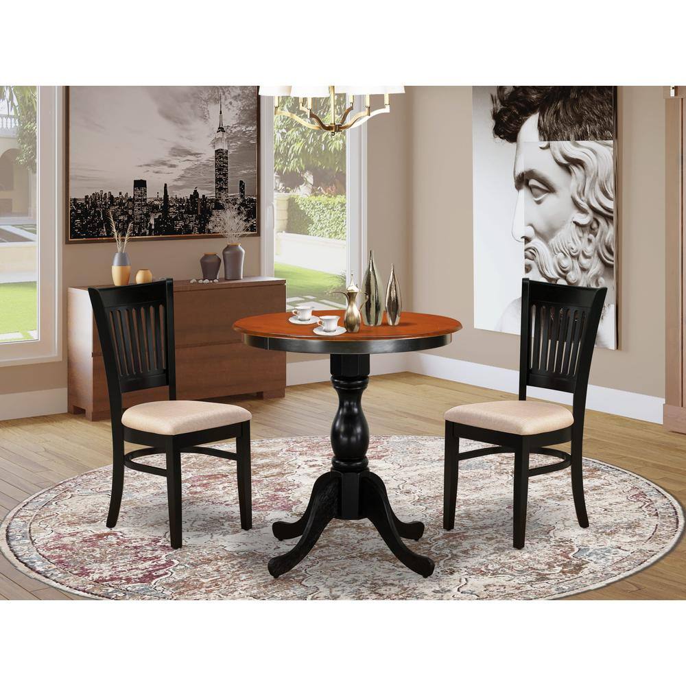 Angle. East West Furniture - East West Furniture 3-Piece Dining Table Set Include a Wood Table and 2 Linen Fabric Kitchen Chairs with Slatted Back - - Multi-Color.