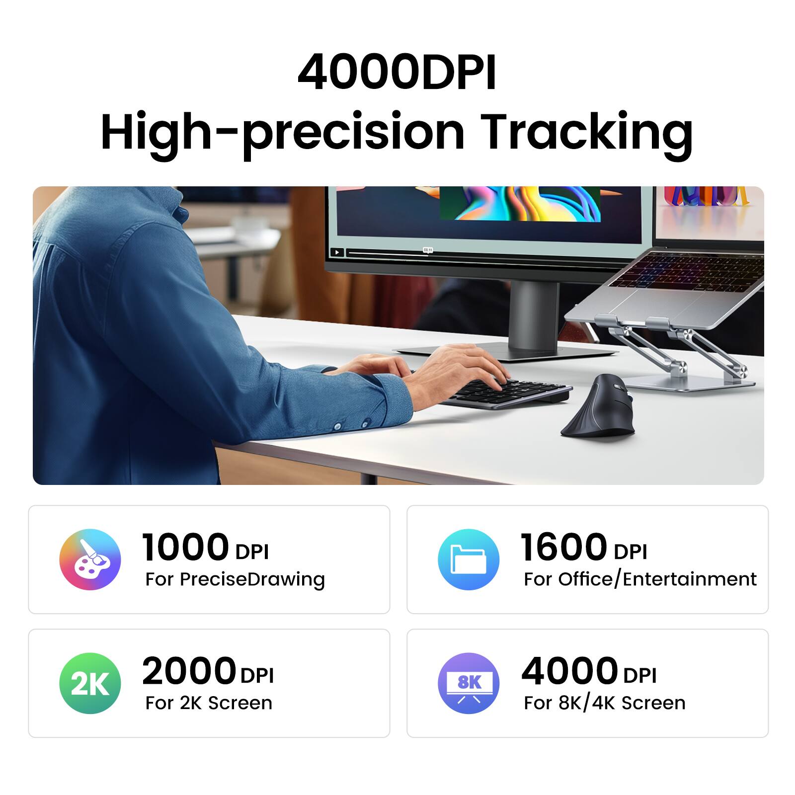 4000DPI High-precision Tracking

1000 DPI For Precise Drawing

1600 DPI For Office/Entertainment

2000 DPI For 2K Screen

4000 DPI For 8K/4K Screen