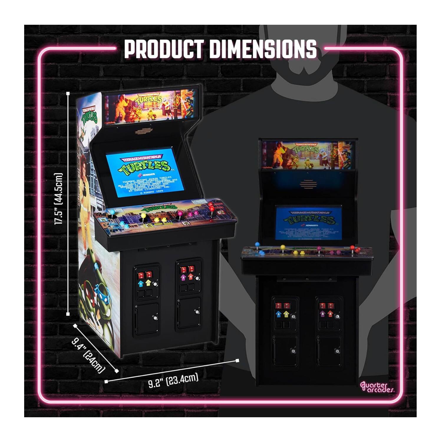 PRODUCT DIMENSIONS

TURIXES
17.5" [44.5cm]

TEENAGEMUTANTHIKA TURTLES  SMPLES 11  SPOCK  " "Lew" are STAGE 1999 E 
TURPLES VEENAGEMUTANTAININGS TURTLES -
9.4" (24cm)
9.2" (23.4cm)

Quarter arcades