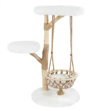 Front. Kadyn - 48.5-Inch Solid Wood Cat Tree with Hanging Cradle and Jute Post, White - White.