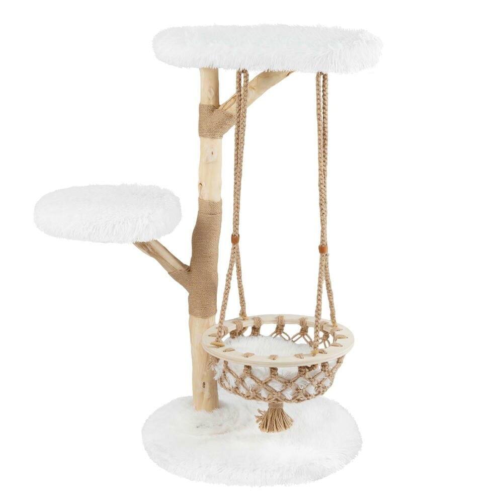 Front. Kadyn - 48.5-Inch Solid Wood Cat Tree with Hanging Cradle and Jute Post, White - White.