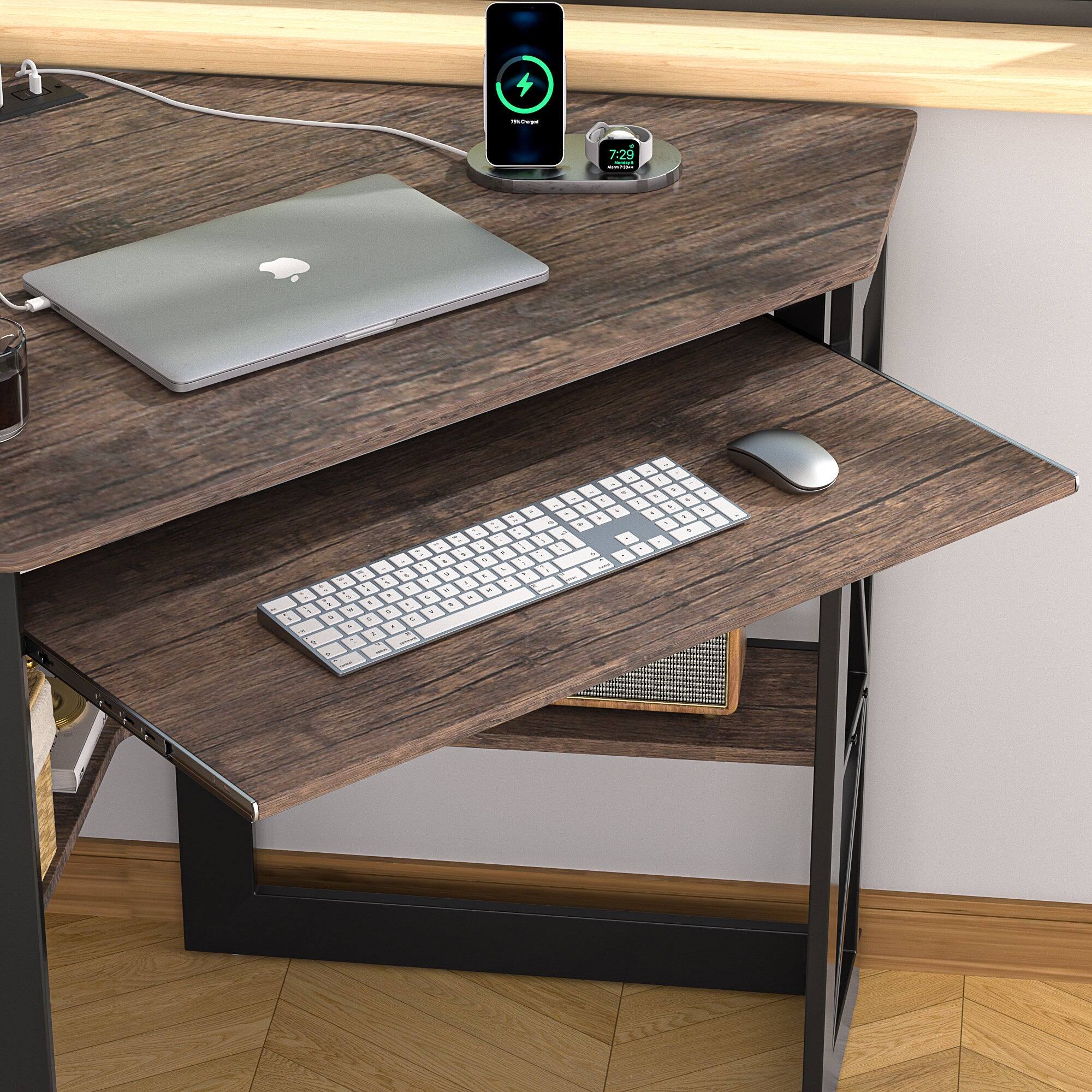 Back. Vecelo - 41" Corner Computer Desk with Keyboard Tray & Storage Shelf - Triangle Space Saving Design, Metal Frame for Home Office - Brown with socket.