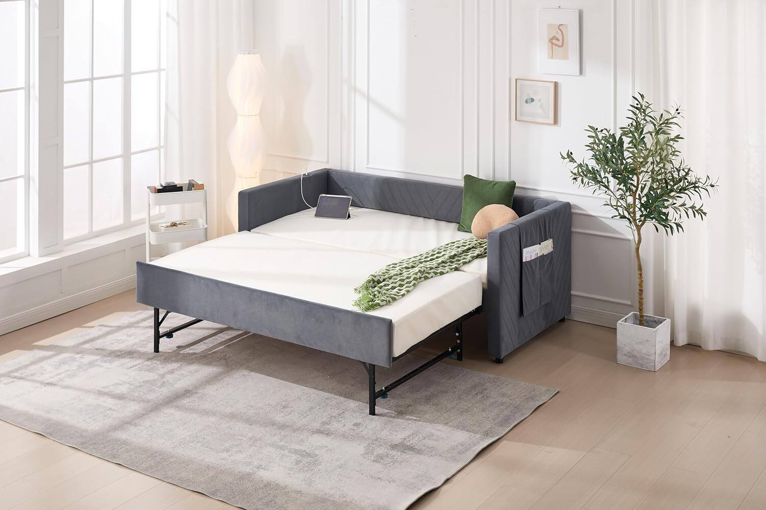 Alt View 3. Trinkets Crazed - Twin Daybed with Pop Up Trundle, Velvet Upholstered Extendable Daybed with USB Ports & Pockets - gray.