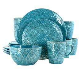 Elama - Aqua Lily 16 Piece Luxurious Stoneware Dinnerware with Complete Setting for 4 - Blue