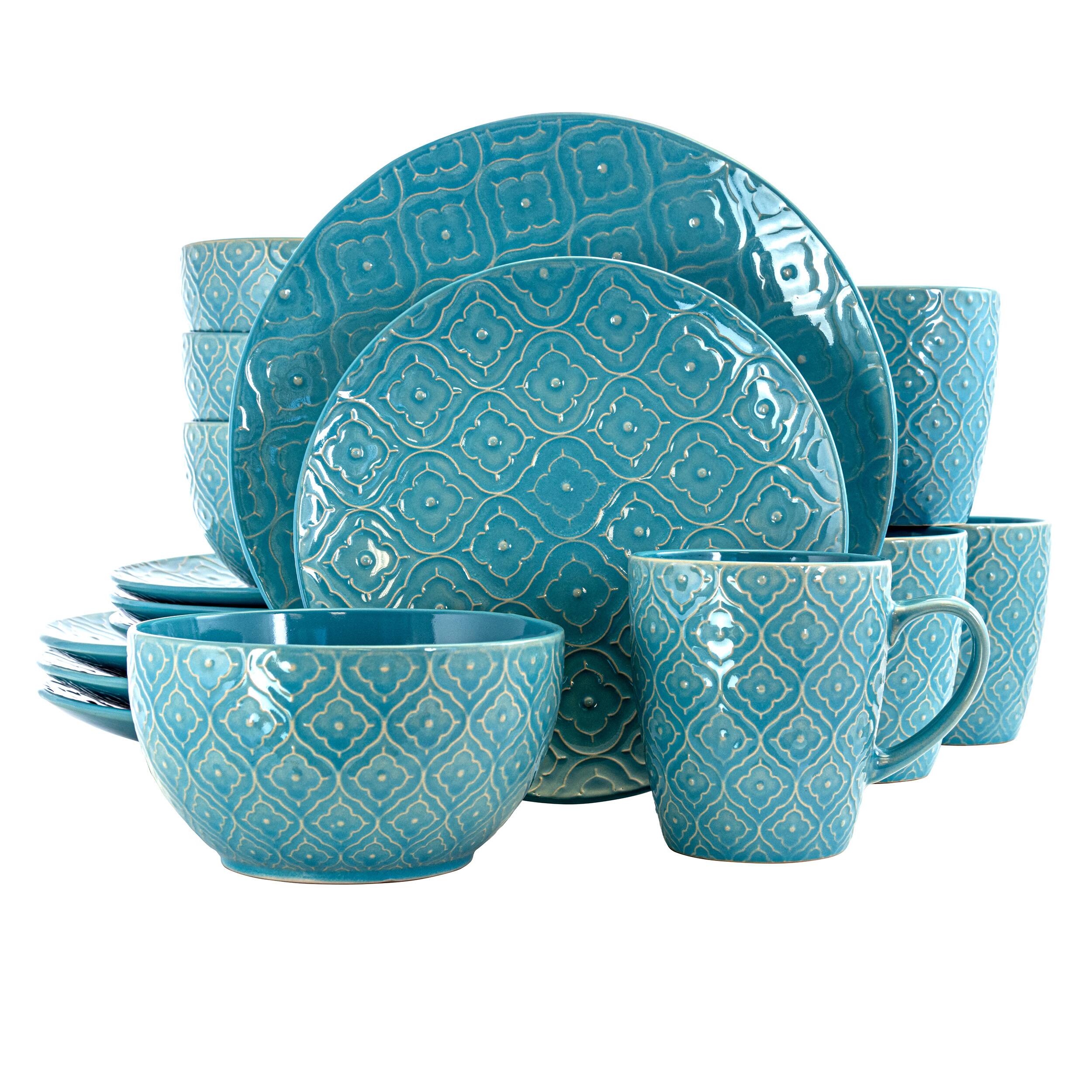 Front. Elama - Elama Aqua Lily 16 Piece Luxurious Stoneware Dinnerware with Complete Setting for 4 - Blue.