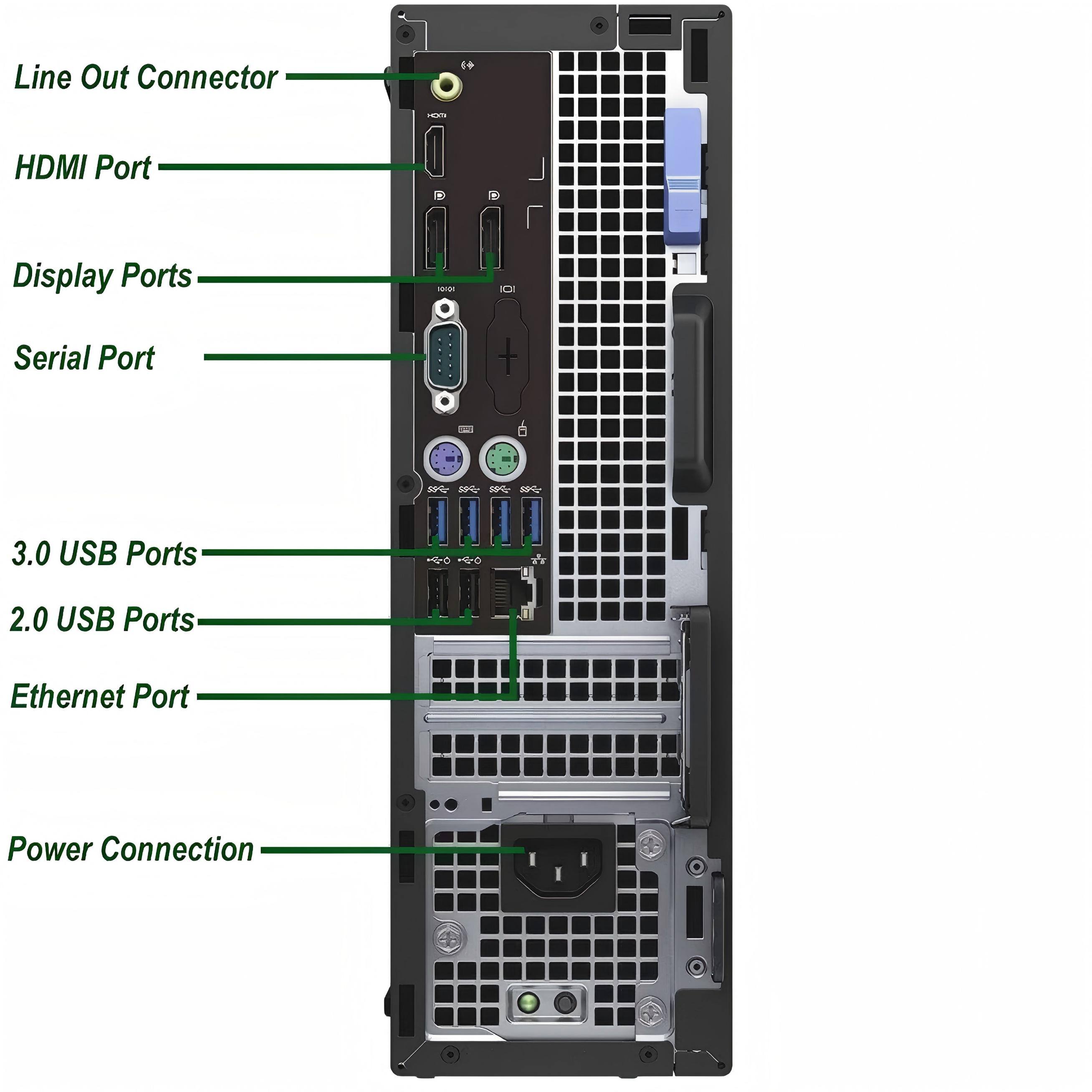 Line Out Connector  
HDMI Port  
Display Ports  
Serial Port  
3.0 USB Ports  
2.0 USB Ports  
Ethernet Port  
Power Connection
