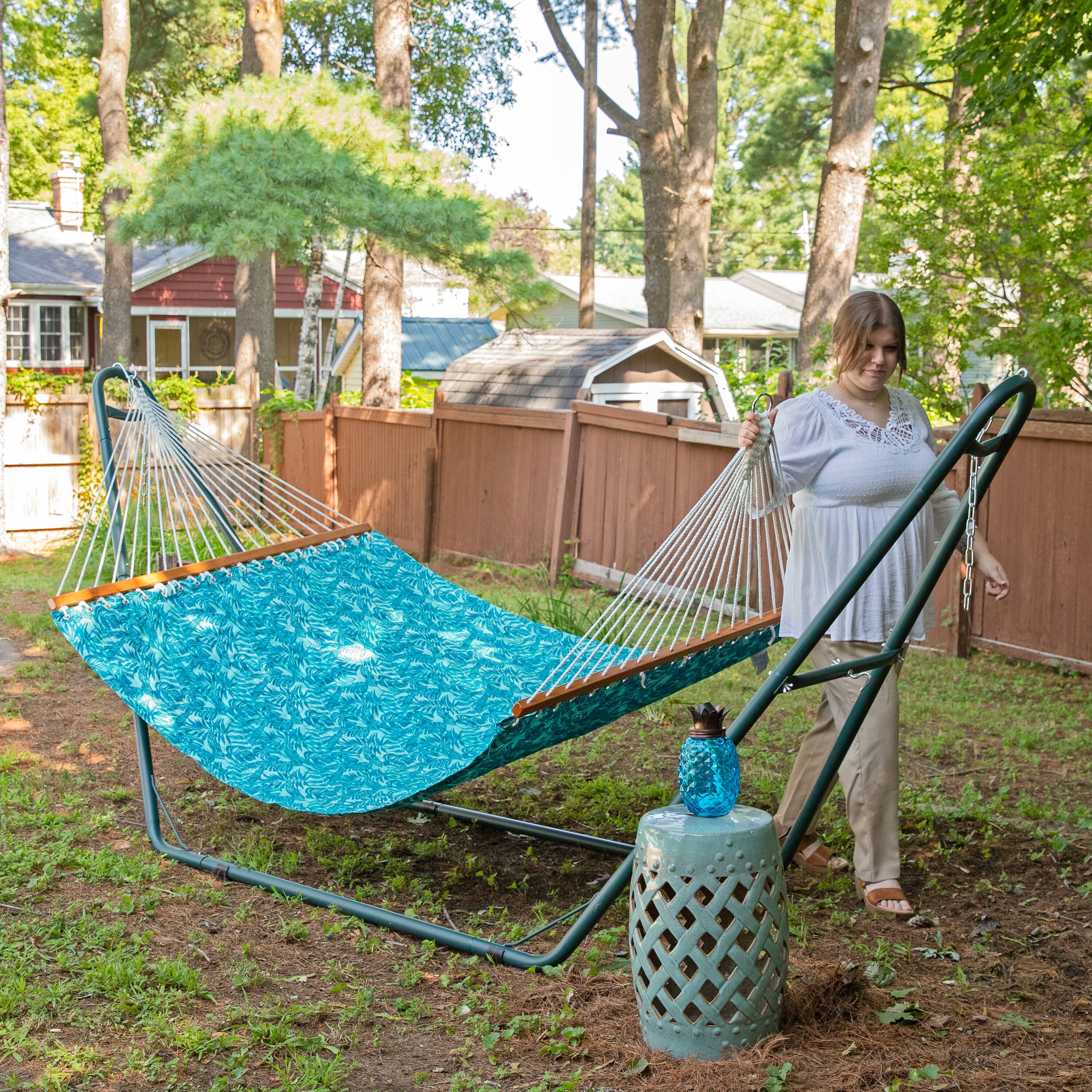 Alt View 9. Sunnydaze - Large Quilted Hammock with Spreader Bar and Pillow - Cool Blue Tropics.