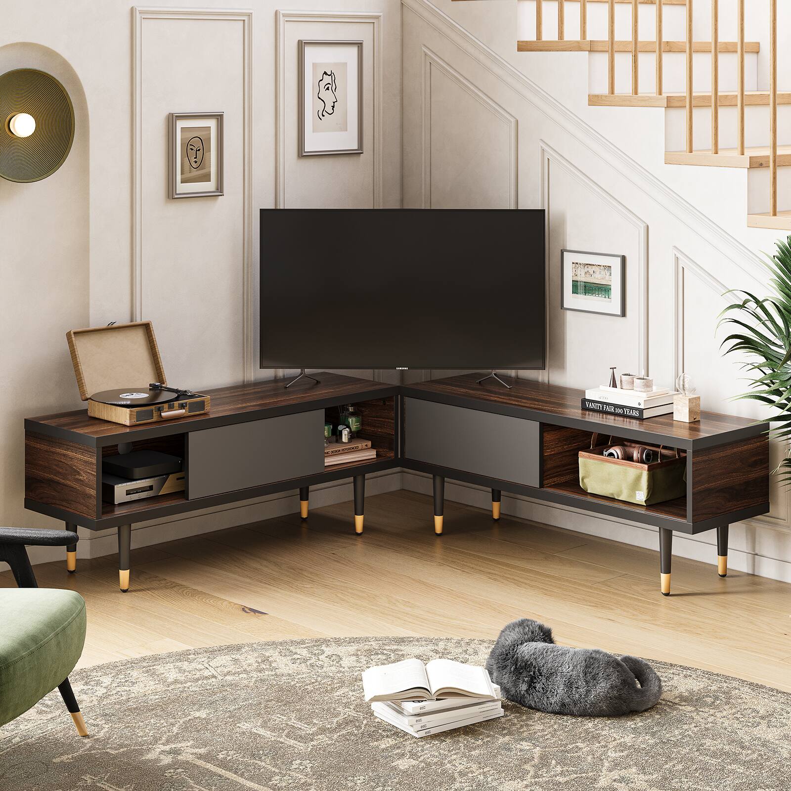 Bestier - 80-Inch Mid-Century Modern Coffee Table with Sliding Doors for Living Room - Walnut