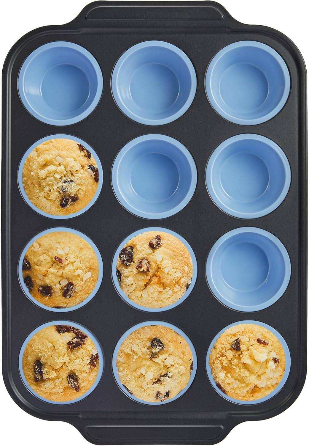 Front. HONGBAKE - Silicone Muffin Pans for Baking with Metal Frame, Egg Bite Molds, Cupcake Pans 12 Regular Size, Muffin Tins Easy to Pop - blue.
