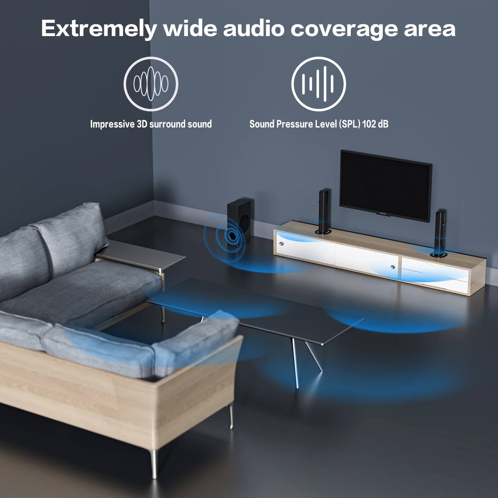 - Extremely wide audio coverage area
- Impressive 3D surround sound
- Sound Pressure Level (SPL) 102 dB