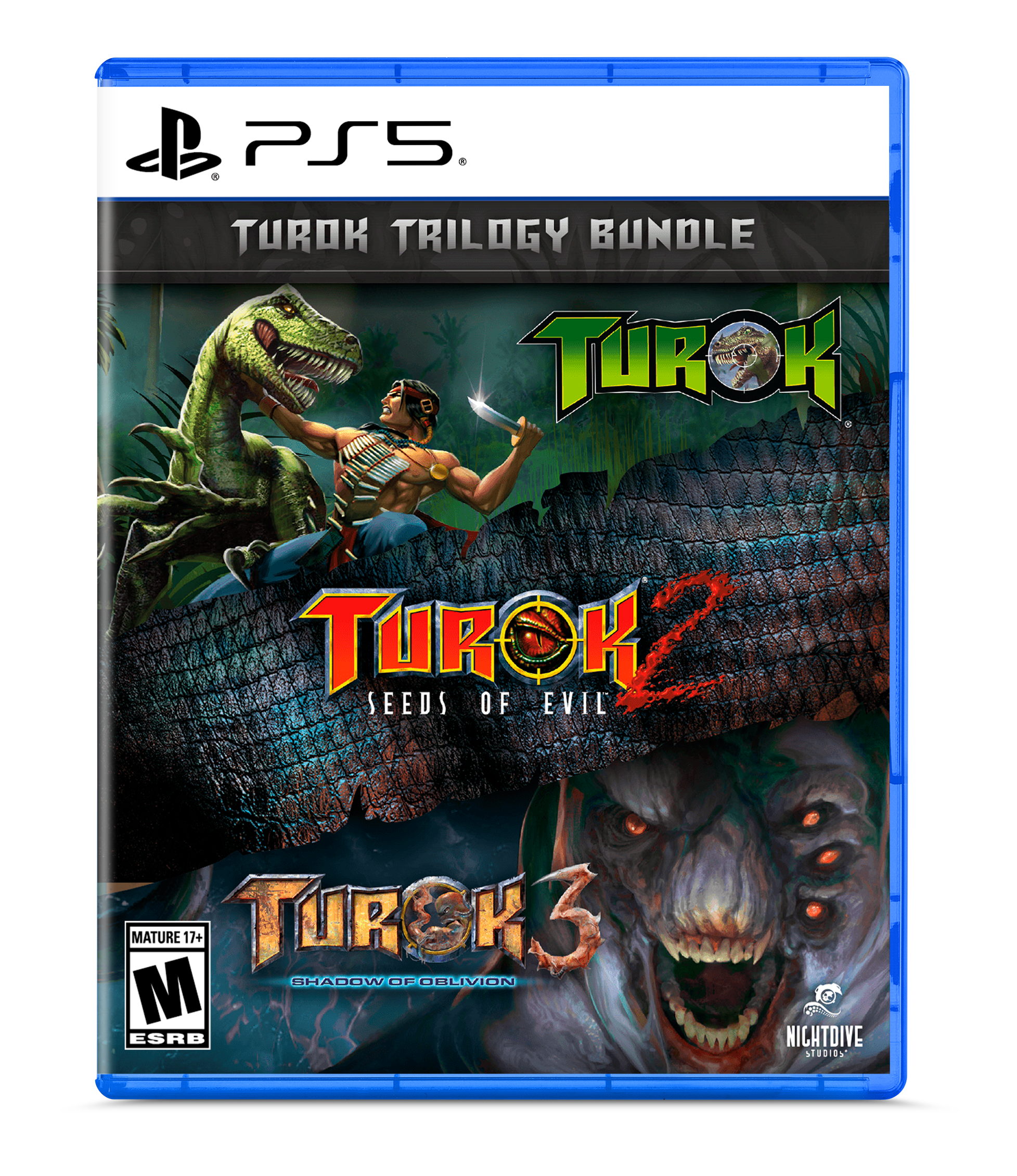 PS5, TUROK TRILOGY BUNDLE, TUROK, TUROK SEEDS OF EVIL, MATURE 17+, TUROK 3 SHADOW OF OELVION, M ESRB, NICHTDIVE STUDIOS