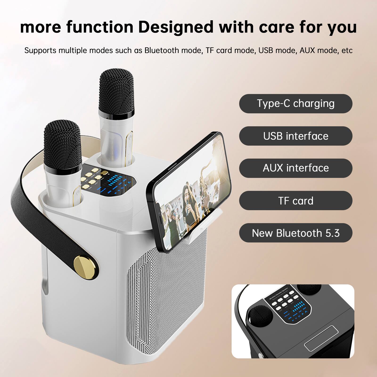 more function Designed with care for you

Supports multiple modes such as Bluetooth mode, TF card mode, USB mode, AUX mode, etc

- Type-C charging
- USB interface
- AUX interface
- TF card
- New Bluetooth 5.3