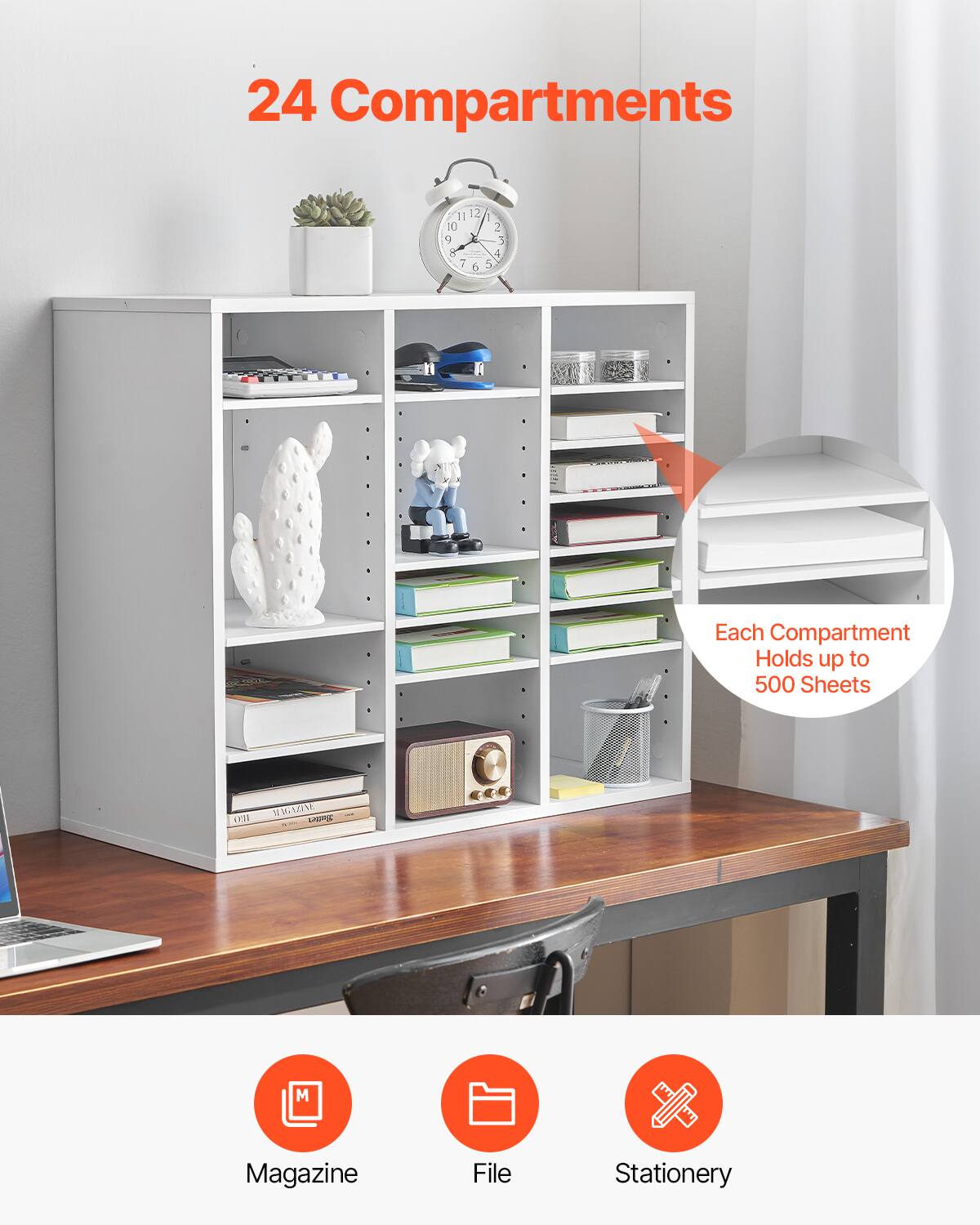 24 Compartments

Each Compartment Holds up to 500 Sheets

Magazine
File
Stationery