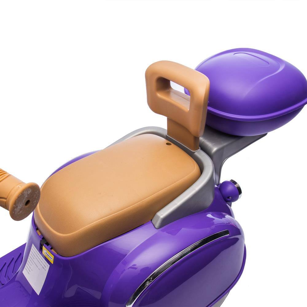 Back. BreeBe - 12V Kids 3-Wheel Electric Motorcycle, 2WD, Waterfall Lights, Storage, Backrest, Bluetooth, Music, USB, Ages 3-6 - Purple.