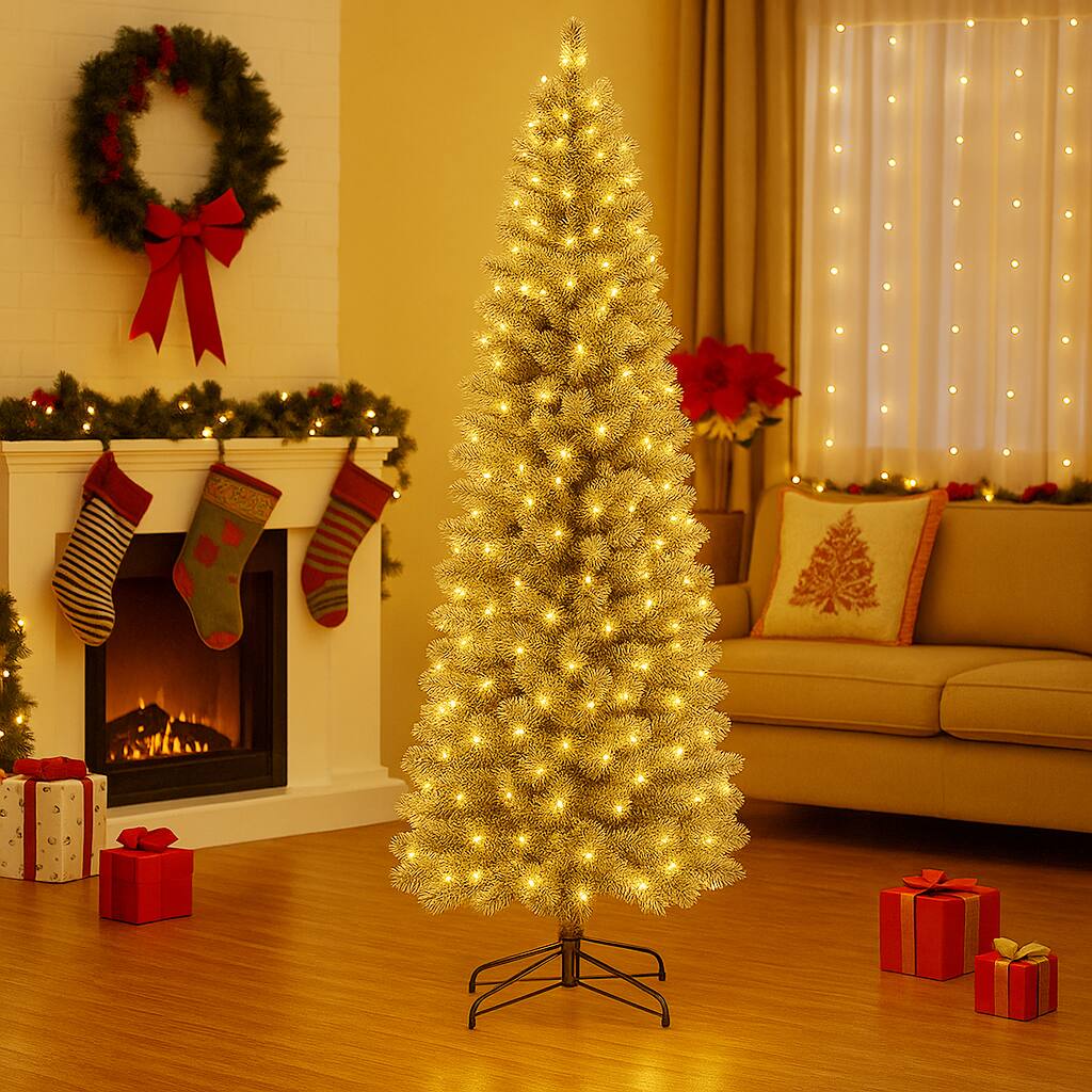 Angle. BreeBe - Prelit Slim Blue Tree with 9 Lighting Effects – Artificial Christmas Tree - Blue.