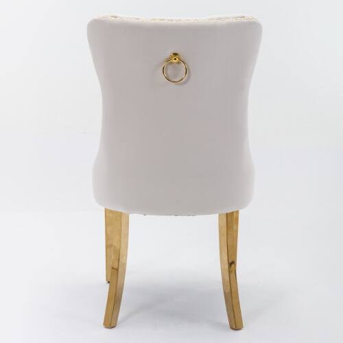 Left. LUCKY ONE - Assembled Tufted Velvet Dining Chair Set of 2 with Golden Stainless Steel Legs Nailhead Trim - Beige.